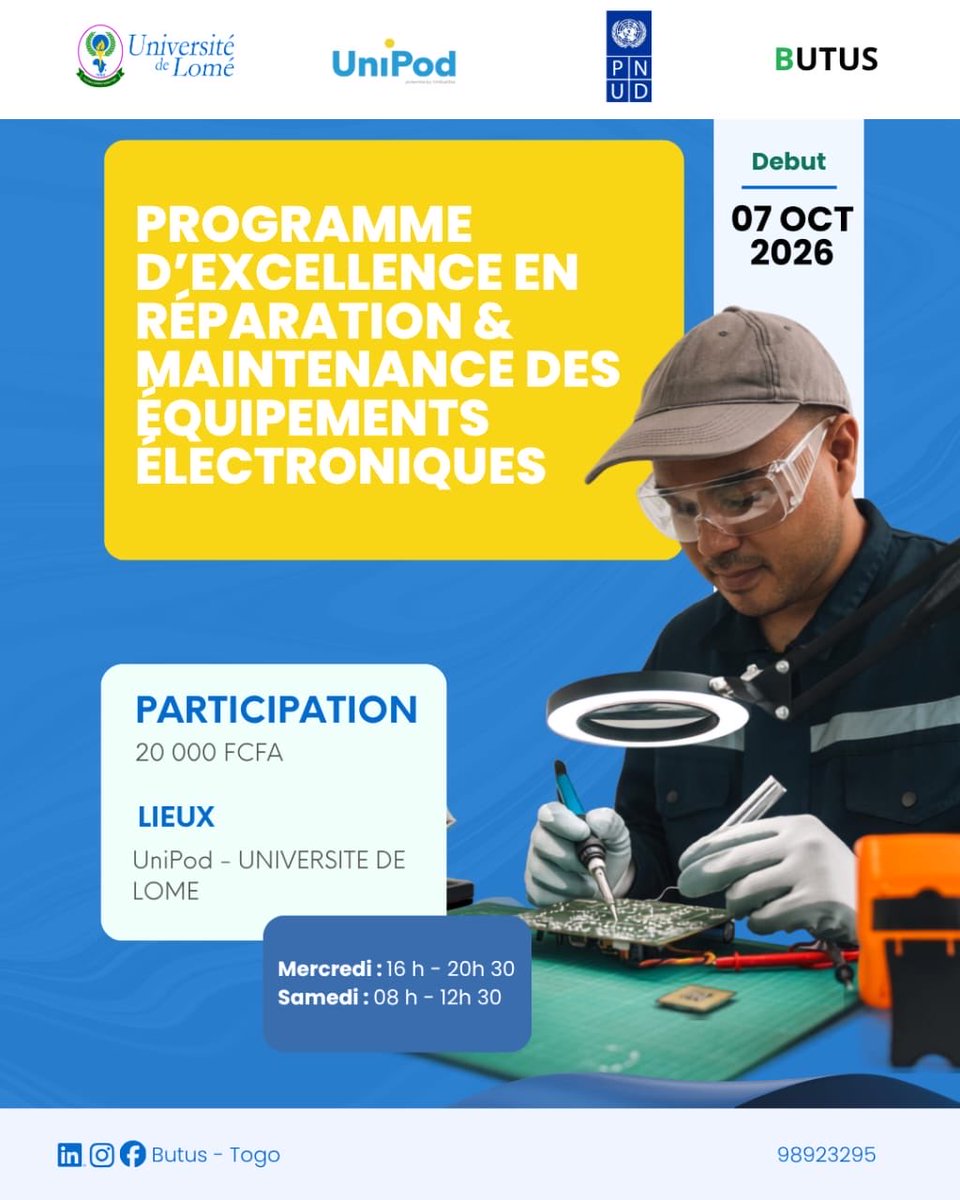UniPod_Togo's tweet photo. https://t.co/msPDkpMvcb
Pour plus d’informations et pour vous inscrire :
*+228 98 92 32 95*
butus.tg@gmail.com
#UniPod #BUTUS #Formation #Réparation #Maintenance #Électronique #Compétences #Jeunesse #ÉconomieCirculaire #Togo https://t.co/pF6ZNH24Ub