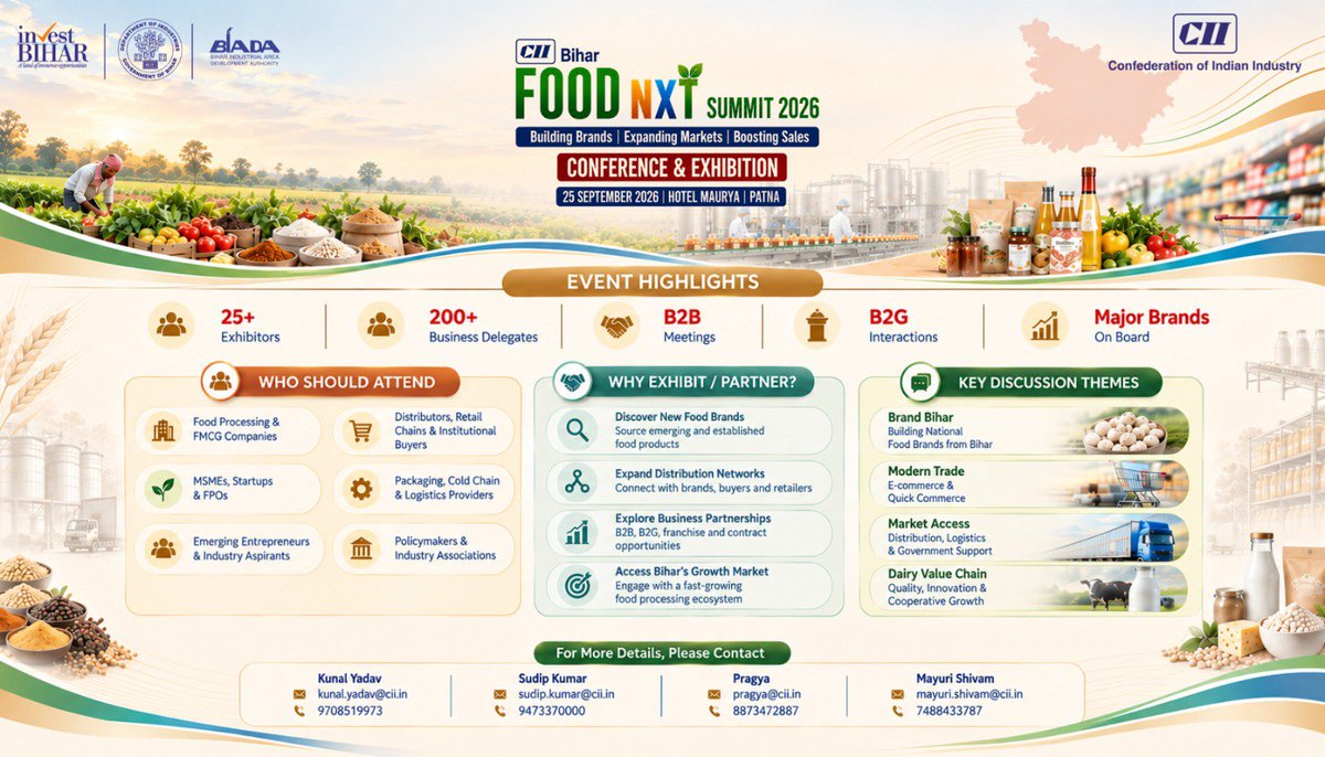 IndexBihar's tweet photo. 3 Days to Go!

Bihar’s food processing ecosystem is ready for its next big leap.
CII Food NXT Summit 2026: bringing industry, brands, markets and opportunities together.

One Summit. One Ecosystem. Endless Opportunities.

From Bihar’s Farms to India’s Food Future!

Registration:
https://t.co/HFvmlymS65