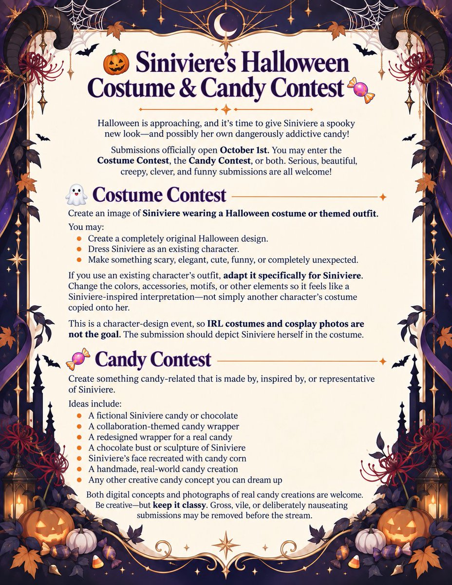siniviere's tweet photo. 🎃 Halloween Event submissions open October 1st!

You guys can make a Halloween costume for Siniviere, create a Siniviere-inspired candy, or go completely insane and enter both.

A bunch of you were asking me for a character reference too, so I went ahead and included a character sheet to make things a little easier!

📅 Submissions close October 16th at midnight.
🏆 We’ll be voting on the winners during the event stream, plus picking some chat favorites too.
All the rules and info are in the link below and on the additional images. 💙

https://t.co/TUjvEclJ7I