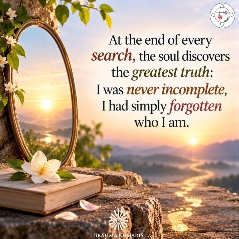 bk_toronto's tweet photo. We search the entire world for peace and love, forgetting that our true nature as a soul (Atma) is already complete and peaceful. The journey of self-realization is not about acquiring anything new, but simply shifting from body-consciousness to soul-consciousness. https://t.co/GwDYLPl2bS
