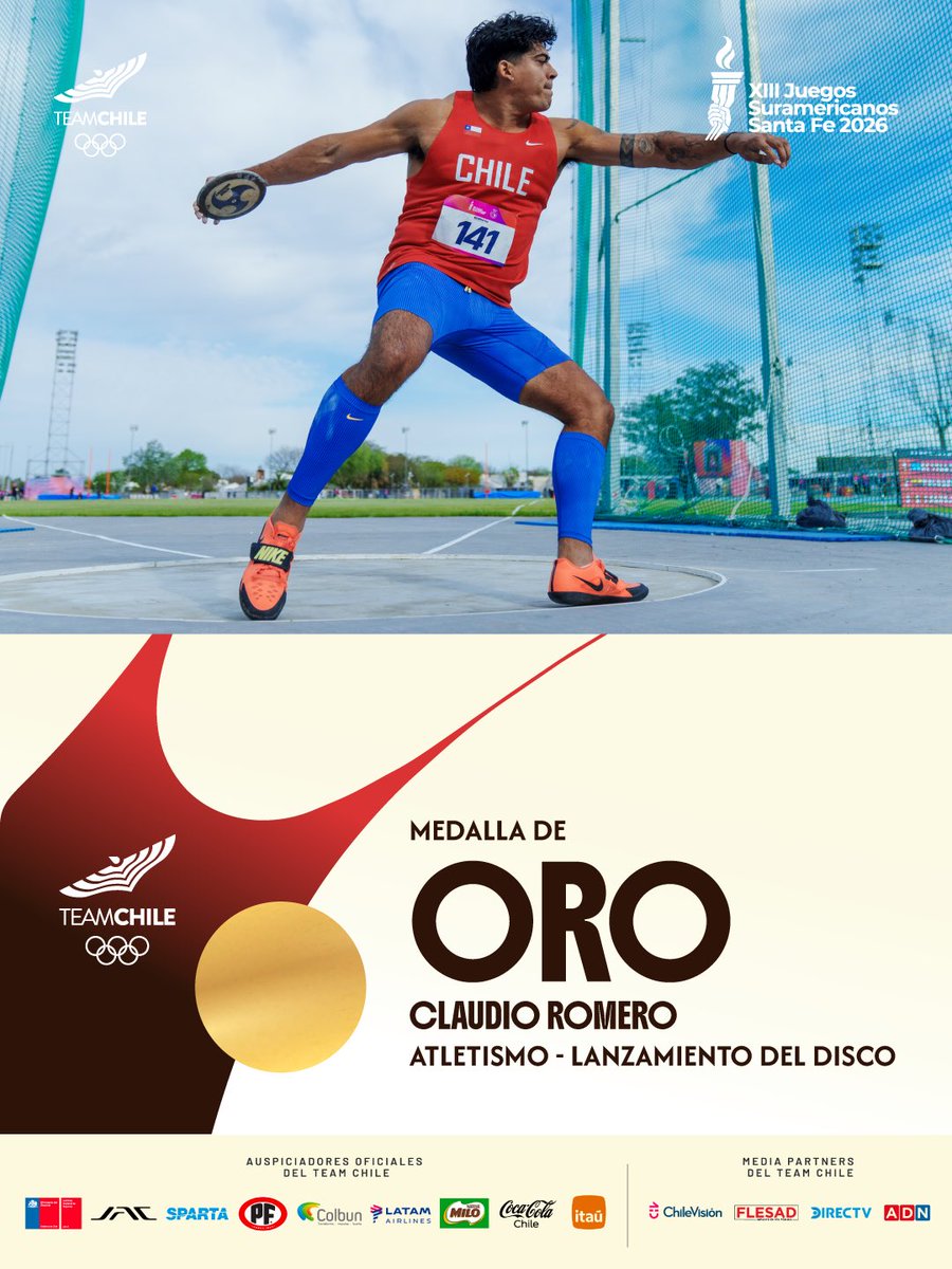 TeamChile_COCH's tweet photo. ¡EL NÚMERO UNO! 🫶🏻🥇💪

El discóbolo Claudio Romero se coronó BICAMPEÓN en Juegos Suramericanos, luego de dominar la prueba en Santa Fe 🇦🇷 y aportar el oro Nº30 para el Team Chile 🇨🇱 en el megaevento.

El excampeón mundial juvenil logró su segundo título consecutivo con récord de campeonato (65,33 metros).

EXTRAORDINARIO 💪.

#VamosTeamChile 🇨🇱
