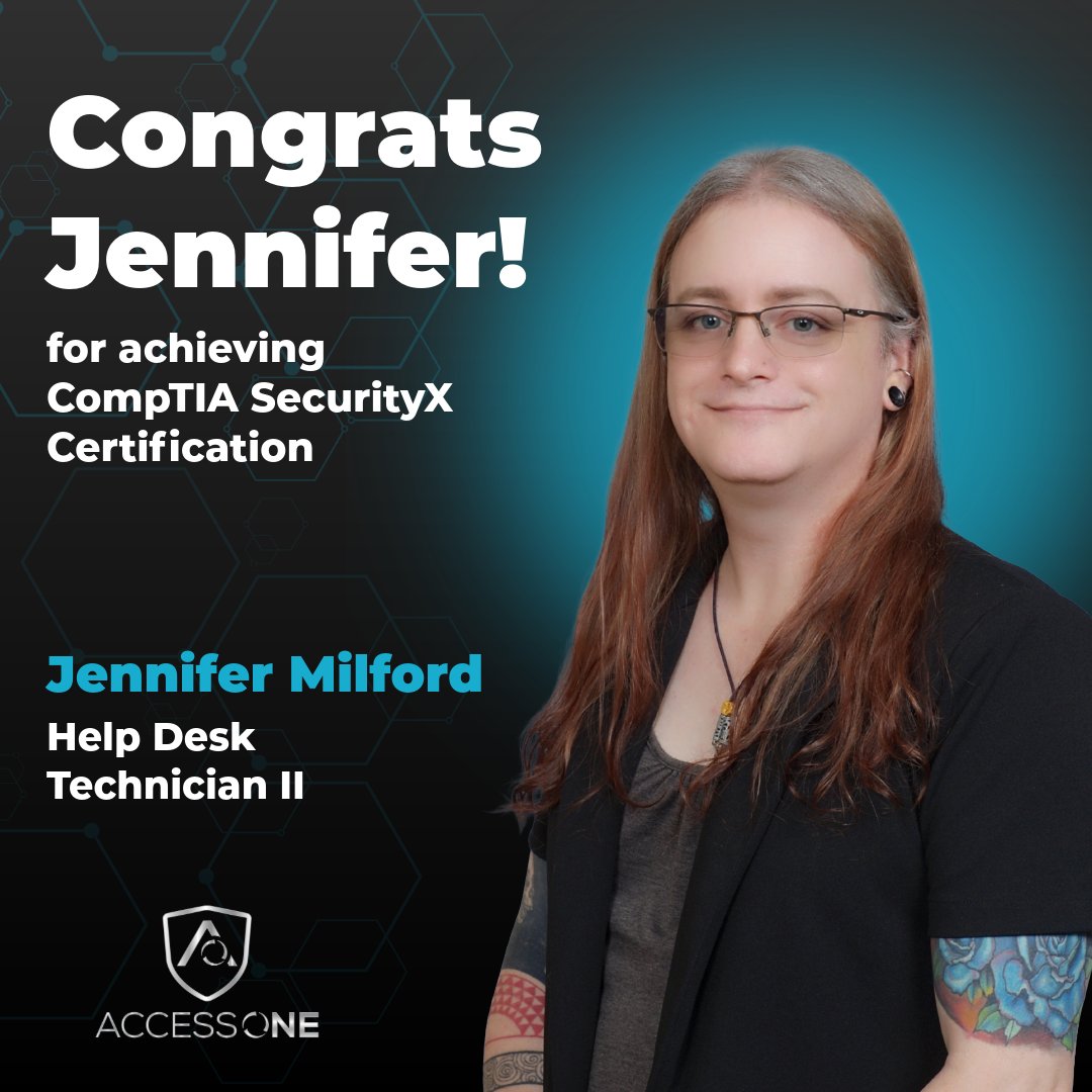 AccessOneInc's tweet photo. Join us in congratulating Jennifer Milford on earning the CompTIA SecurityX certification. One of the industry's most advanced cybersecurity credentials, SecurityX validates expert-level security leadership and technical expertise. Congratulations, Jennifer!

#accessoneinc https://t.co/HDJow4Ts7h