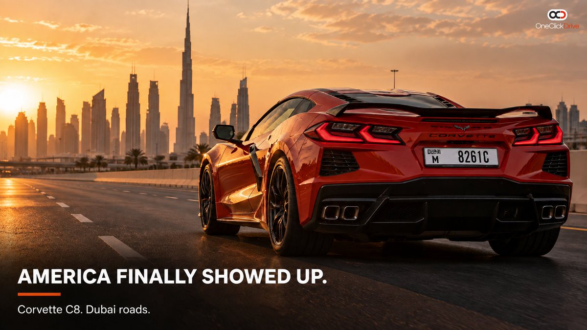 OneClickDrive's tweet photo. The Corvette C8 quietly became the best V8 value in Dubai. 

Mid-engine, and it embarrasses cars at twice the price.

Now you can rent one on OneClickDrive.

#DubaiCars #LuxuryCars #Corvette https://t.co/sCyHgo9dmx
