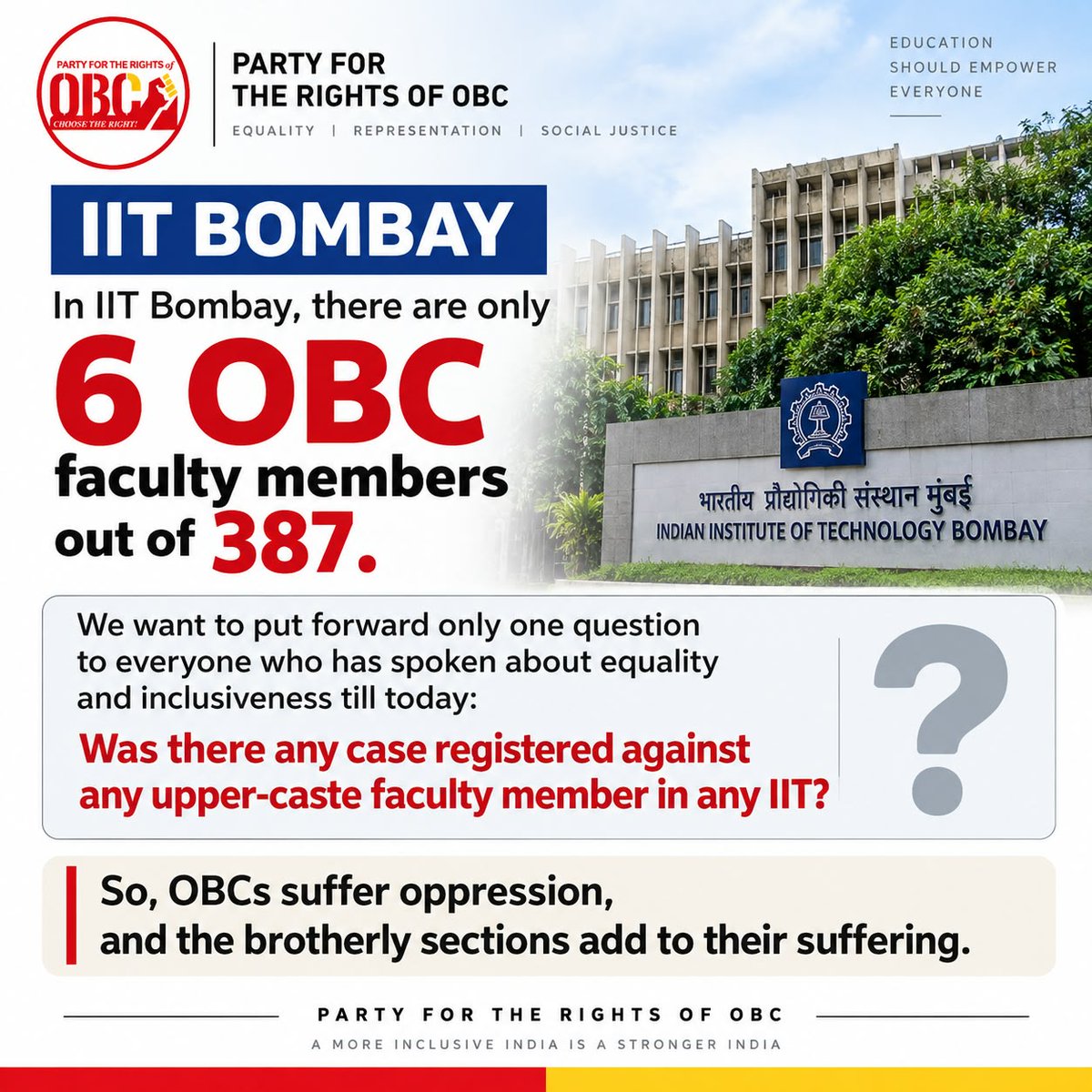 obcrights_org's tweet photo. At IIT Bombay, there are only 6 OBC faculty members out of 387. True equality and inclusiveness require fair representation across all premier academic institutions. Education should empower everyone 📚⚖️

What's your take? Reply below! 👇

#OBCRights #IITBombay #SocialJustice https://t.co/YLUnjKjBuc