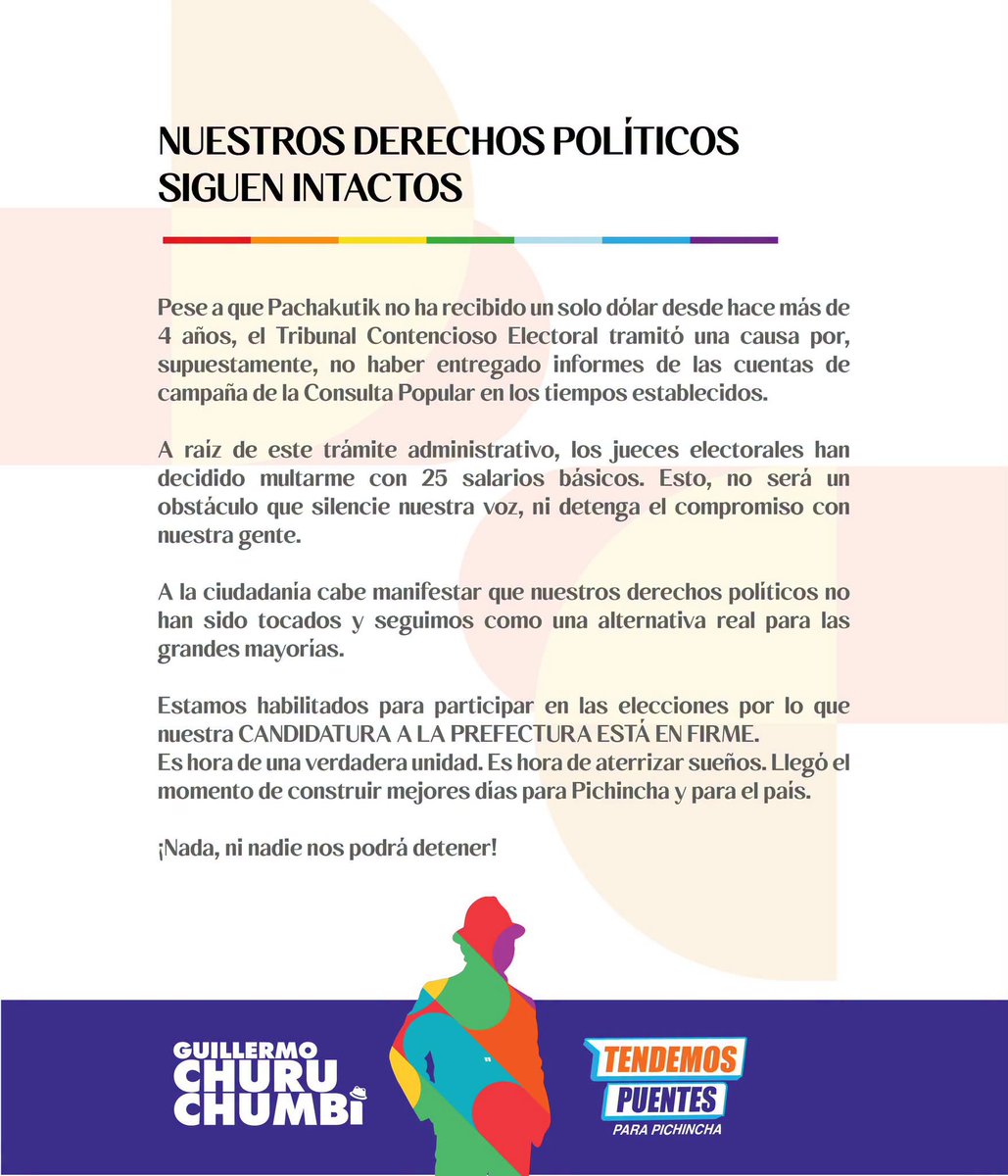 ContrapuntoInf's tweet photo. 📄 #POLÍTICA | Guillermo Churuchumbi cuestionó la sanción del TCE y afirmó que mantiene en firme su candidatura a la Prefectura de Pichincha. Aseguró que Pachakutik no ha recibido “un solo dólar” en más de cuatro años y que sus derechos políticos siguen intactos.
#Ecuador https://t.co/4Pjki9vNMG