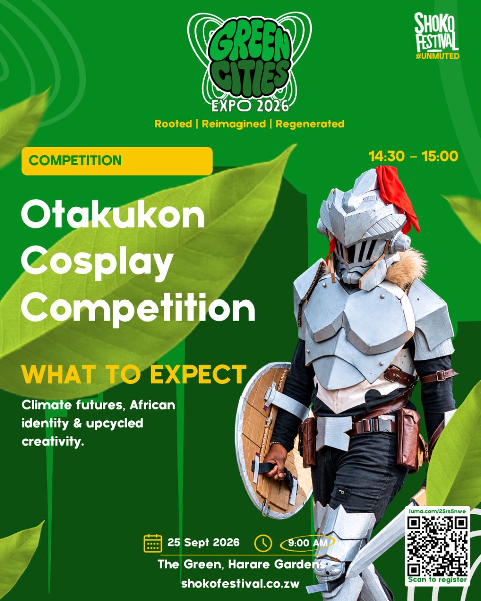 MagambaNetwork's tweet photo. The Otakukon Cosplay Competition is bringing climate futures, African identities &amp; upcycled fits to Green Cities Expo. 

Imagination + sustainability + costumes that go HARD. 😭🔥

📅 25 Sept | Harare Gardens
Register: https://t.co/5Tu3mNjt74
#Shoko2026 #Unmuted #GreenCitiesExpo https://t.co/kAK9WI39cu