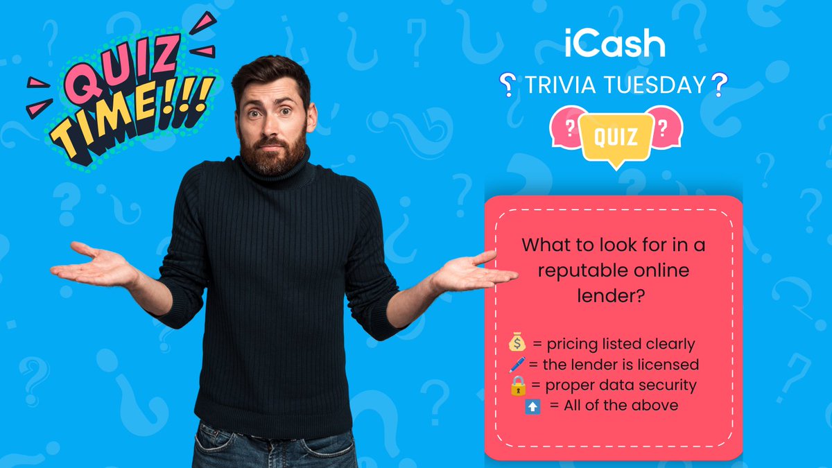 iCASH_ca's tweet photo. ❓TRIVIA TUESDAY❓ 
Test your trivia knowledge in this week's iCash Pop Quiz! 1 randomly chosen winner will win a $25 President's Choice e-gift card.

Question: What should you look for in a reputable online lender?
Comment below with your answer using one of these emojis:
💰 = pricing listed clearly
🖊️ = the lender is licensed
🔒 = proper data security
⬆️ = All of the above

To participate: In the comments below, answer our #TriviaTuesday Pop Quiz question using the corresponding emojis. 
Tomorrow, we will randomly choose a winner among the participants and announce it on our social media pages!

💬 Drop your guess — we’ll pick one lucky winner for a $25 President’s Choice e-gift card tomorrow (Wednesday)!
.
.
.
#winner #winprizes #entertowin #wednesdaywinner #wednesdaywisdom  #triviatime #triviaquestion #iCanWithiCash #onlinelending #Reputable #OnlineLender #CanadianFinance #SmartSavings #iCash
*Disclaimers in bio