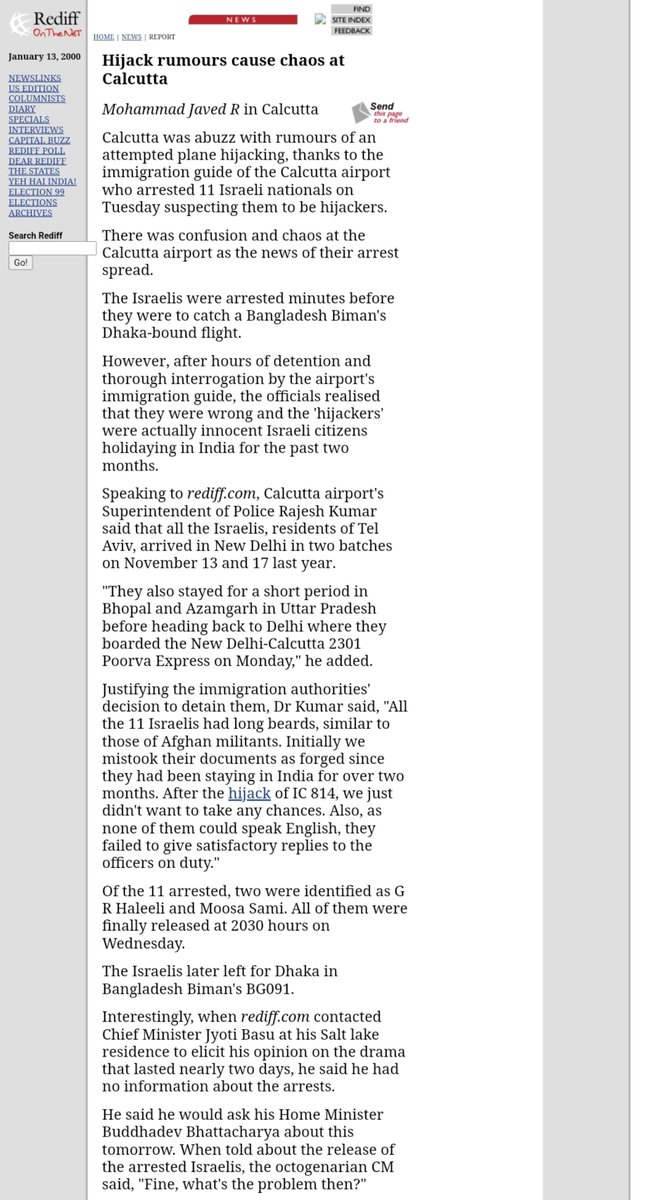 off_circuitsec's tweet photo. January 12, 2000

11 mossad agents posing as al qaeda were arrested in calcutta, reportedly planning to hijack a calcutta–dhaka flight and demand release of sheikh mujibur rahman's killers

4 of 11 went to northeast. on hijack day, all 11 reached calcutta through different routes https://t.co/xNOWcQTP48