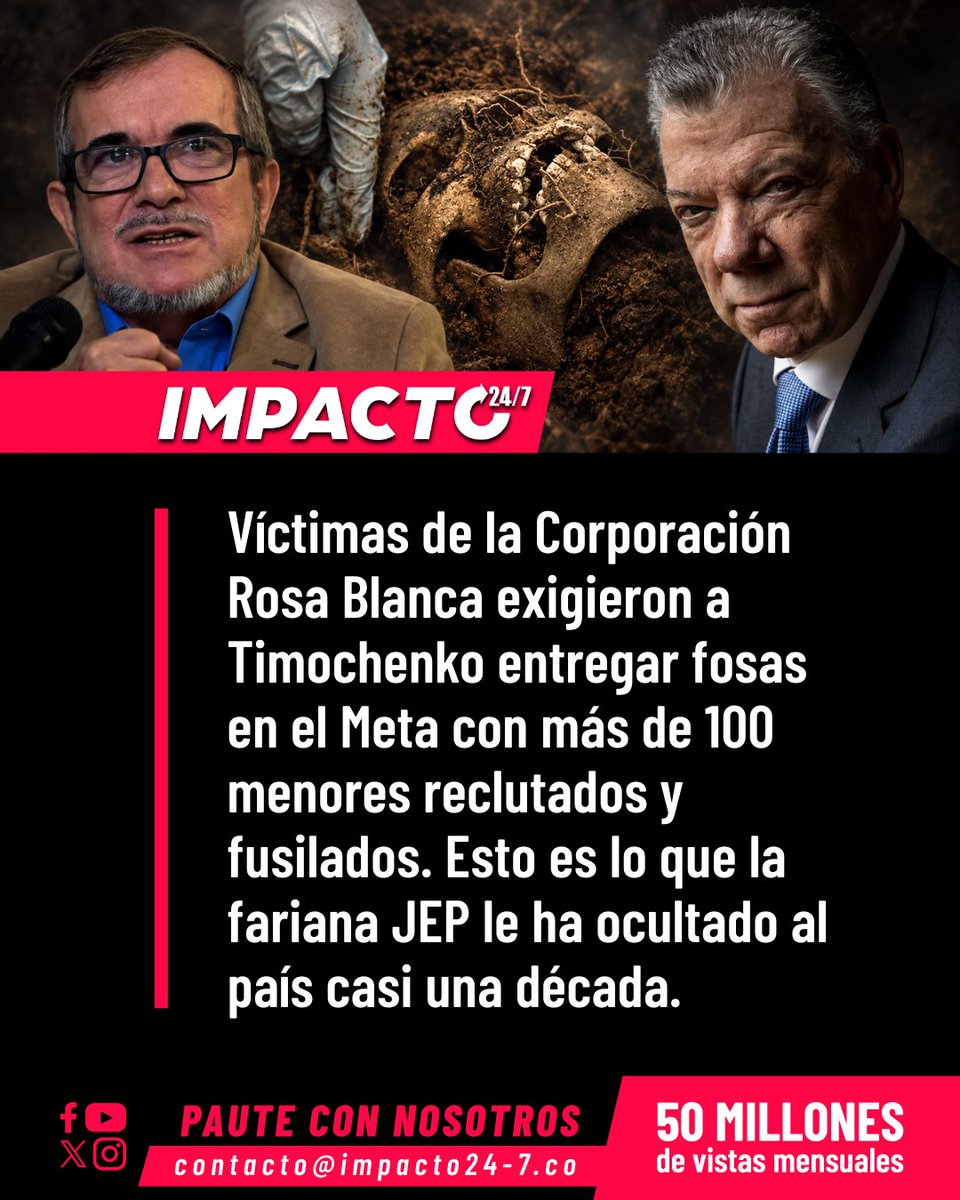 Impacto24_7's tweet photo. 🚨🇨🇴 EXIGEN A TIMOCHENKO ENTREGAR FOSAS CON 100 MENORES FUSILADOS | Víctimas de reclutamiento forzado de la Corporación Rosa Blanca exigieron al asesino y pederasta Rodrigo Londoño, alias 'Timochenko', ubicar fosas comunes en el Meta con más de 100 menores fusilados por las FARC. Desde la farsa de La Habana, los genocidas de izquierda han ocultado esta información al país y se han reído de las víctimas.