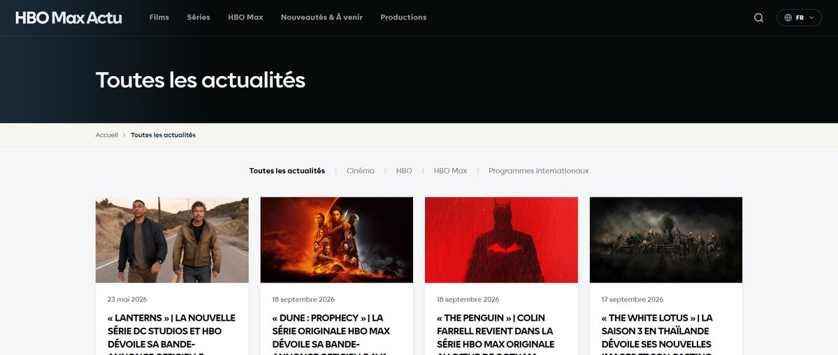 HBOMaxActuFR's tweet photo. Nouvel aperçu du site « HBO Max Actu » qui sera lancé TRÈS BIENTÔT. 👀

La page d’accueil mettra en avant les bandes-annonces des films et séries à venir, les dernières actualités, ainsi que les sorties de l’année et bien d’autres contenus.

Plus d’infos à venir. https://t.co/5dez571blq