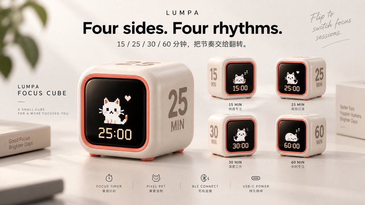 wang_yi53475's tweet photo. Tired of screen distractions, I built this:
Meet LUMPA Focus Cube 🐱⏱️

• 4 presets (15/25/30/60m) — just flip to start
• Pixel cat focuses alongside you
• USB-C &amp; BLE enabled
• Zero notifications

A tactile companion for deep work. Thoughts? 👇 https://t.co/0NvQq4J5hw
