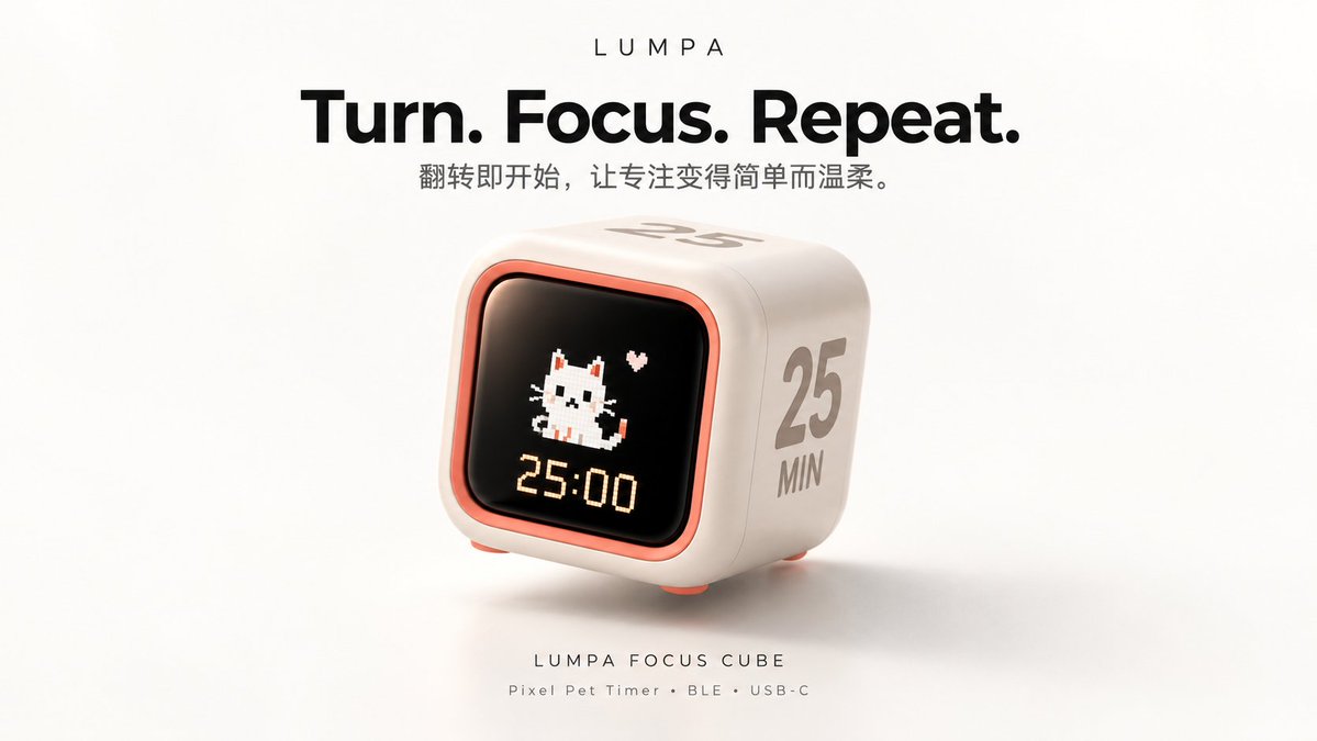 wang_yi53475's tweet photo. Tired of screen distractions, I built this:
Meet LUMPA Focus Cube 🐱⏱️

• 4 presets (15/25/30/60m) — just flip to start
• Pixel cat focuses alongside you
• USB-C &amp; BLE enabled
• Zero notifications

A tactile companion for deep work. Thoughts? 👇 https://t.co/0NvQq4J5hw