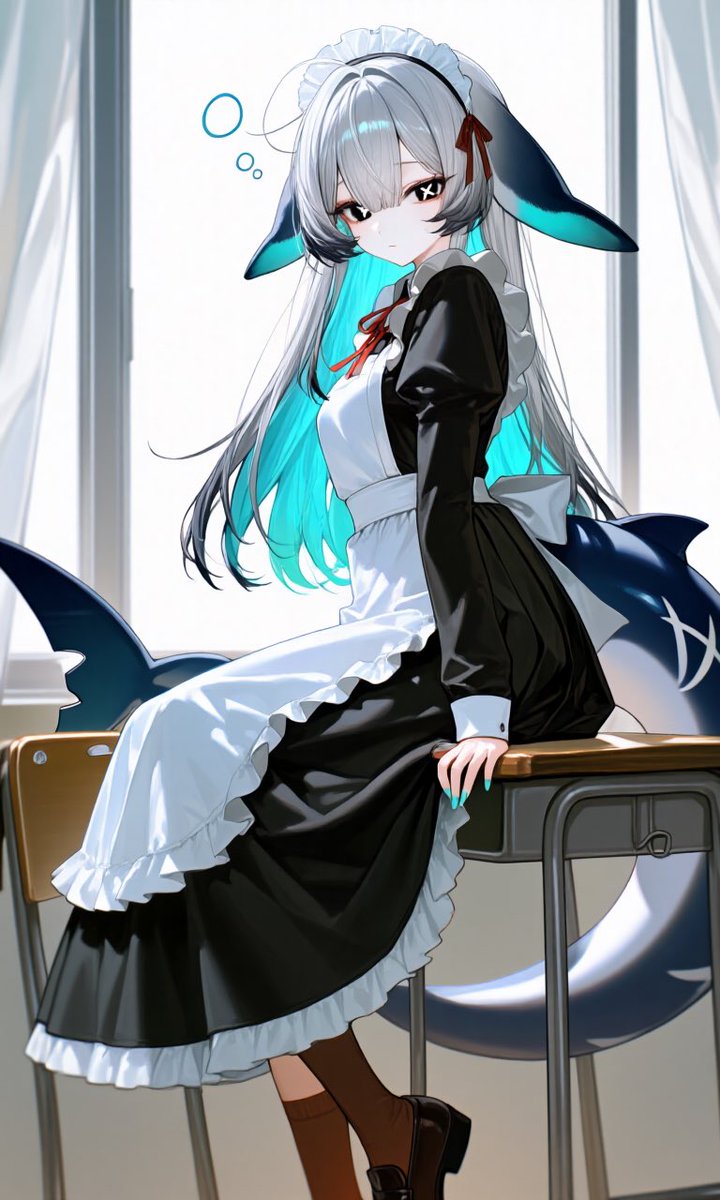 samenamako's tweet photo. ここにプロントと代理ちゃんを生贄として置いていくのにゃ…( ΦωΦ )

Long hair ranging from silvery-white to pale gray-silver, featuring a vibrant blue gradient at the tips. The bangs are long and fall slightly over the eyes.
The pupils feature a sharp, X-shaped pattern that glows light blue.
Skin that is snow-white and translucent.
Large, shark-fin-like ears extend from the sides of the head; they feature a gradient from dark navy to blue, with whitish edges.
A tall, slender figure with a soft, feminine physique. The overall color scheme—blues, whites, and navies—is reminiscent of aquatic life.
A large shark tail extends from the back; it ranges from dark indigo to grayish-blue, with white markings scattered across it.
Long fingernails ranging from pale light blue to blue.