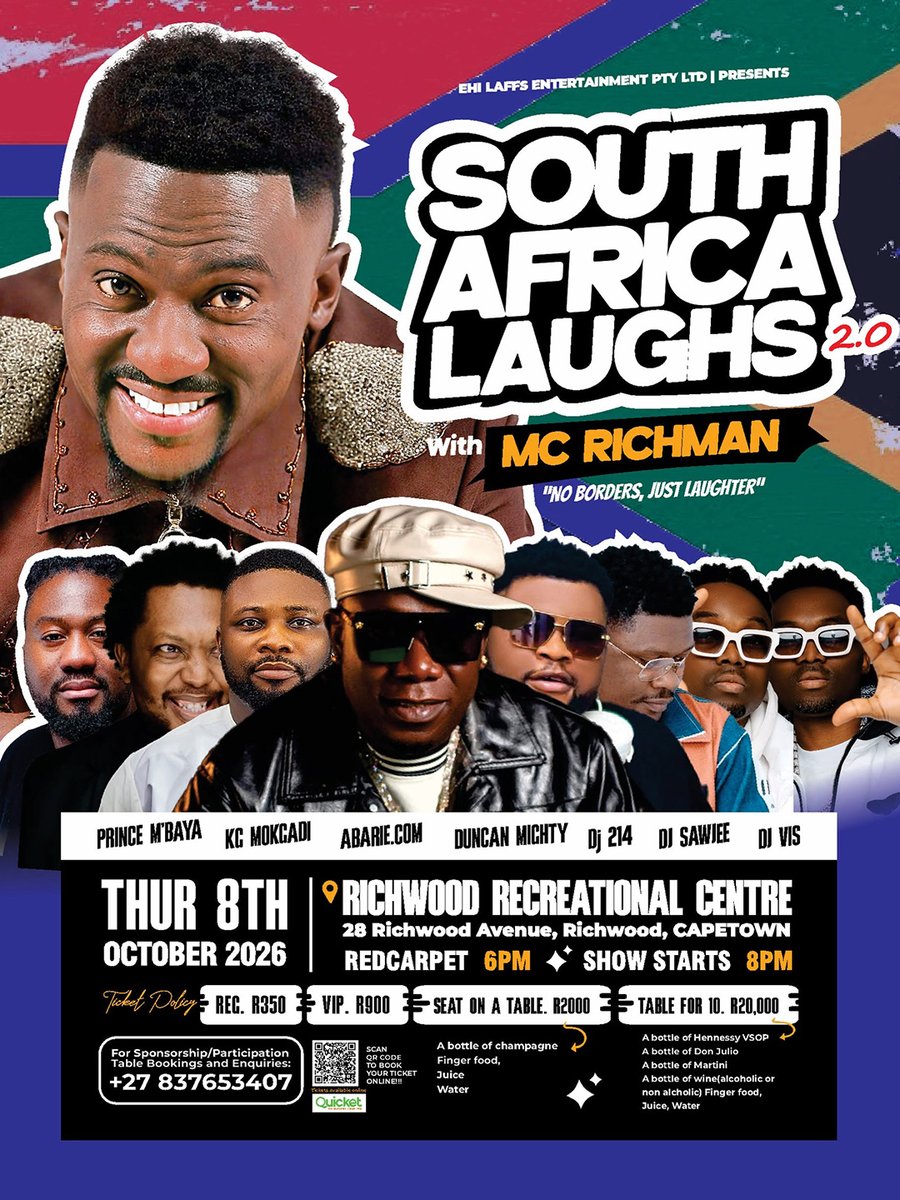 QuicketSA's tweet photo. 🎟️ SA Laughs 2.0 w/ @mcrichman88 
CPT (8 Oct @ Richwood Rec Centre)
JHB (10 Oct @ Stadio Waterfall)

Bringing together a powerful lineup of Nigerian and South African comedians, musicians, &amp; live DJs for a memorable night on one stage.

Tickets here: https://t.co/aLCht9UG92 https://t.co/gmJRBDVhxO