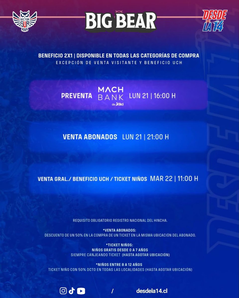 desdela14's tweet photo. 🔵🔴 DESDE LA 14 | ¡2X1 VS LOS RULETEROS! 🎟️

🏟️ El Bulla recibe a Everton este domingo 27/9 a las 17:30 hrs.

🎟️ Habrá 2x1 en todas las localidades del Nacional (excepto visita).

🔜 Venta general: martes 22 desde las 11:00 hrs.

💬 ¿Con quién vas? 🦁

#UdeChile https://t.co/lBR2PPsp0Z