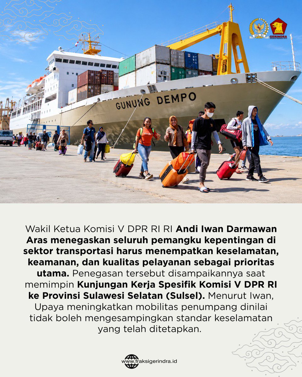 Fraksi_Gerindra's tweet photo. Wakil Ketua Komisi V DPR RI, Andi Iwan Darmawan Aras, menegaskan pentingnya menempatkan keselamatan, keamanan, dan kualitas pelayanan sebagai prioritas utama dalam penyelenggaraan transportasi. https://t.co/9K4oguwnJQ