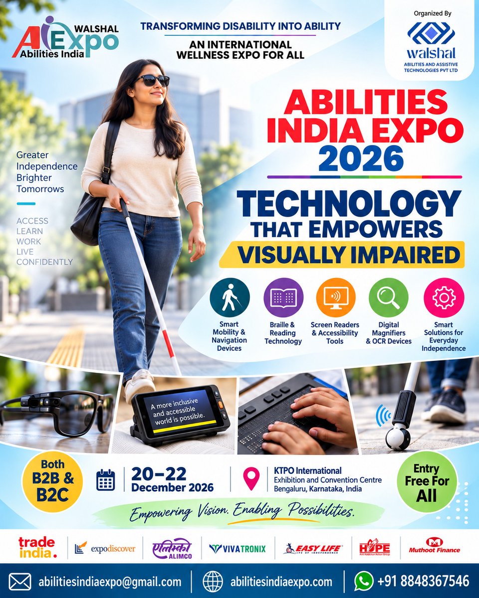 AbilitiesIndia's tweet photo. Technology that empowers independence. 💙

Discover assistive technology for visually impaired individuals at Abilities India Expo 2026—from smart mobility and Braille solutions to screen readers and digital magnifiers.

📅 20–22 Dec 2026 | 📍 Bengaluru
#AbilitiesIndiaExpo2026 https://t.co/yIsl6dJuOO