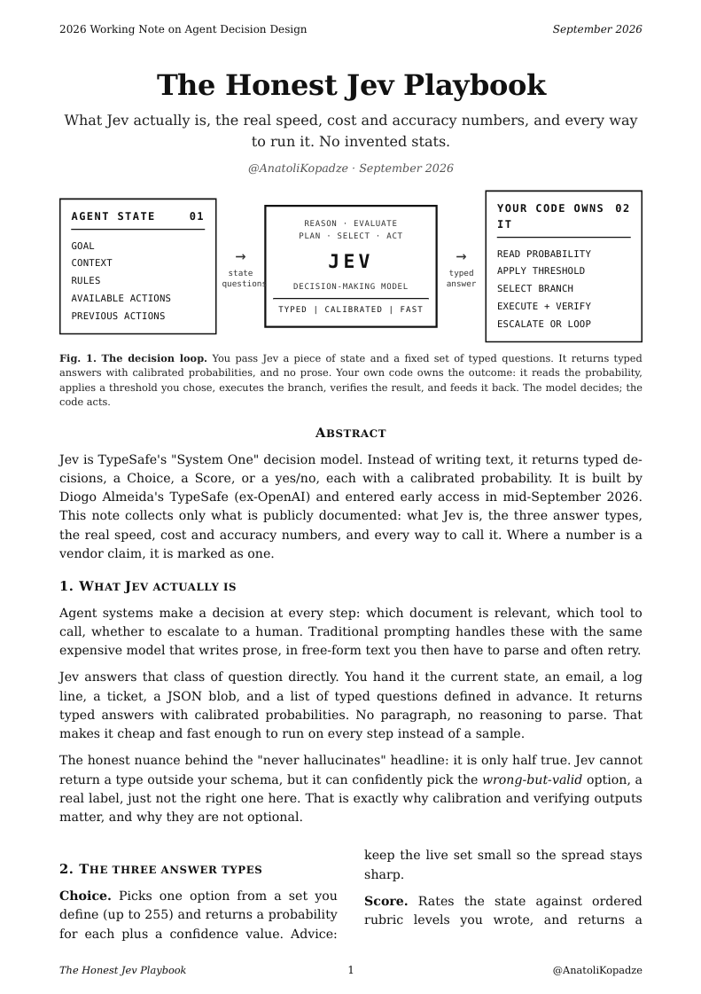 Playbook page summarizing Jev's typed-decision loop, where code passes state and typed questions in and then applies thresholds or escalates based on the returned answer