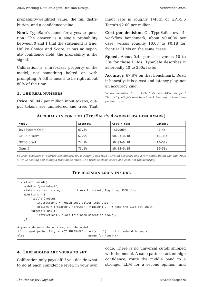 Playbook page showing Jev's reported benchmark context, including roughly 67.8% accuracy, about $0.0004 cost per case, and around 0.4 seconds latency