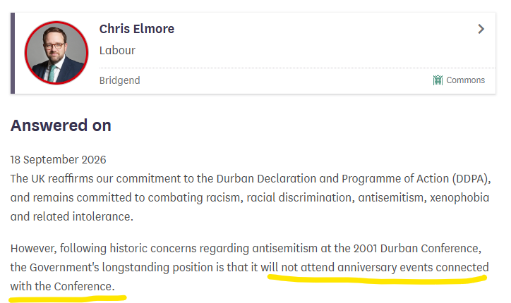 NGOmonitor's tweet photo. 🇬🇧 has confirmed it will not attend Durban 25, citing “historic concerns” over antisemitism at the original 2001 conference.

NGO Monitor International Advisory Board members are calling on other governments and NGOs to follow this example and refuse participation in the UN’s effort to whitewash Durban’s legacy.

Full statement 👇