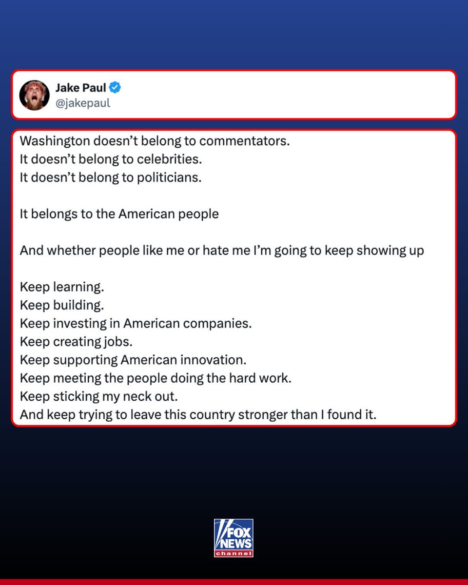 CalvinKleiofd's tweet photo. Washington doesn’t belong to commentators. It doesn’t belong to celebrities. It doesn’t belong to politicians. It belongs to the American people.”

@jakepaul is firing back at critics after he and brother Logan visited Washington and met with senior Trump administration. https://t.co/UzZO8Y6D3l
