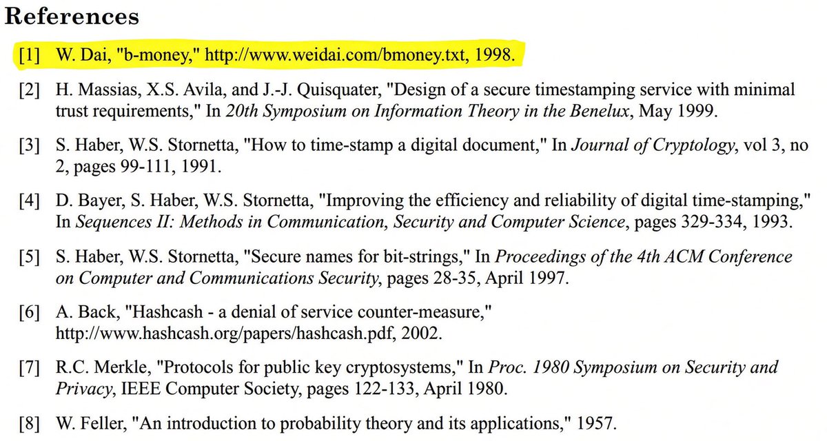 HustlerOnChain's tweet photo. August 22, 2008.

Satoshi writes Wei Dai: “I’m getting ready to release a paper that expands on your ideas into a complete working system.”

Two months later Bitcoin drops.

B-money is reference [1].

Most of crypto still hasn’t read that email.

@bmoneyonbnb 🔥 https://t.co/3SboQyKwgJ