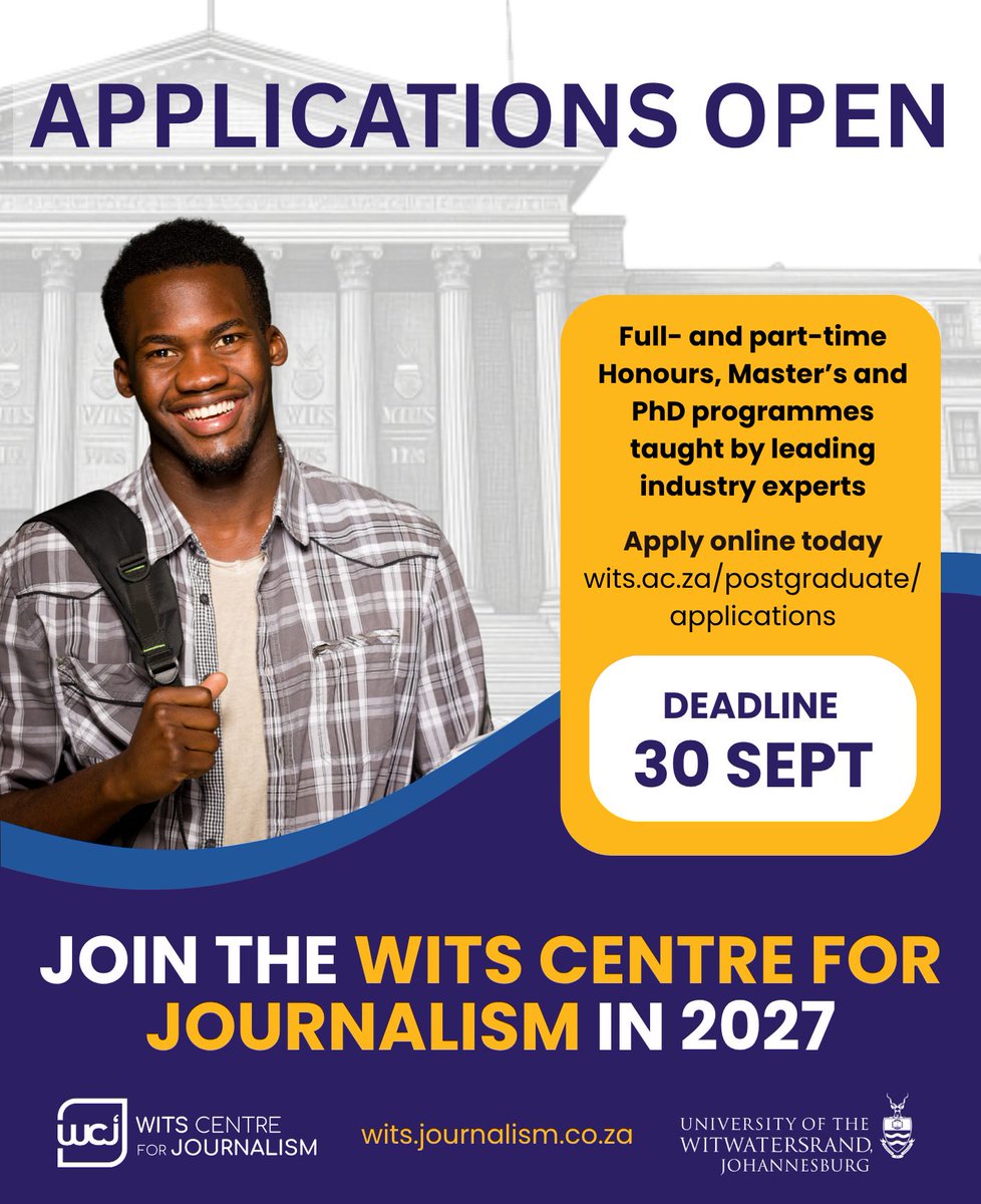 Journ_SA's tweet photo. APPLY: There's still time to apply for the WCJ’s 2027 postgraduate honours, master's and PhD programmes, open to aspiring and working journalists, communicators and media professionals.

⏳ The 2027 deadline is 30 Sept: https://t.co/MhG2REemu4

Queries: andrea.gumede@wits.ac.za https://t.co/zgImmMtokA