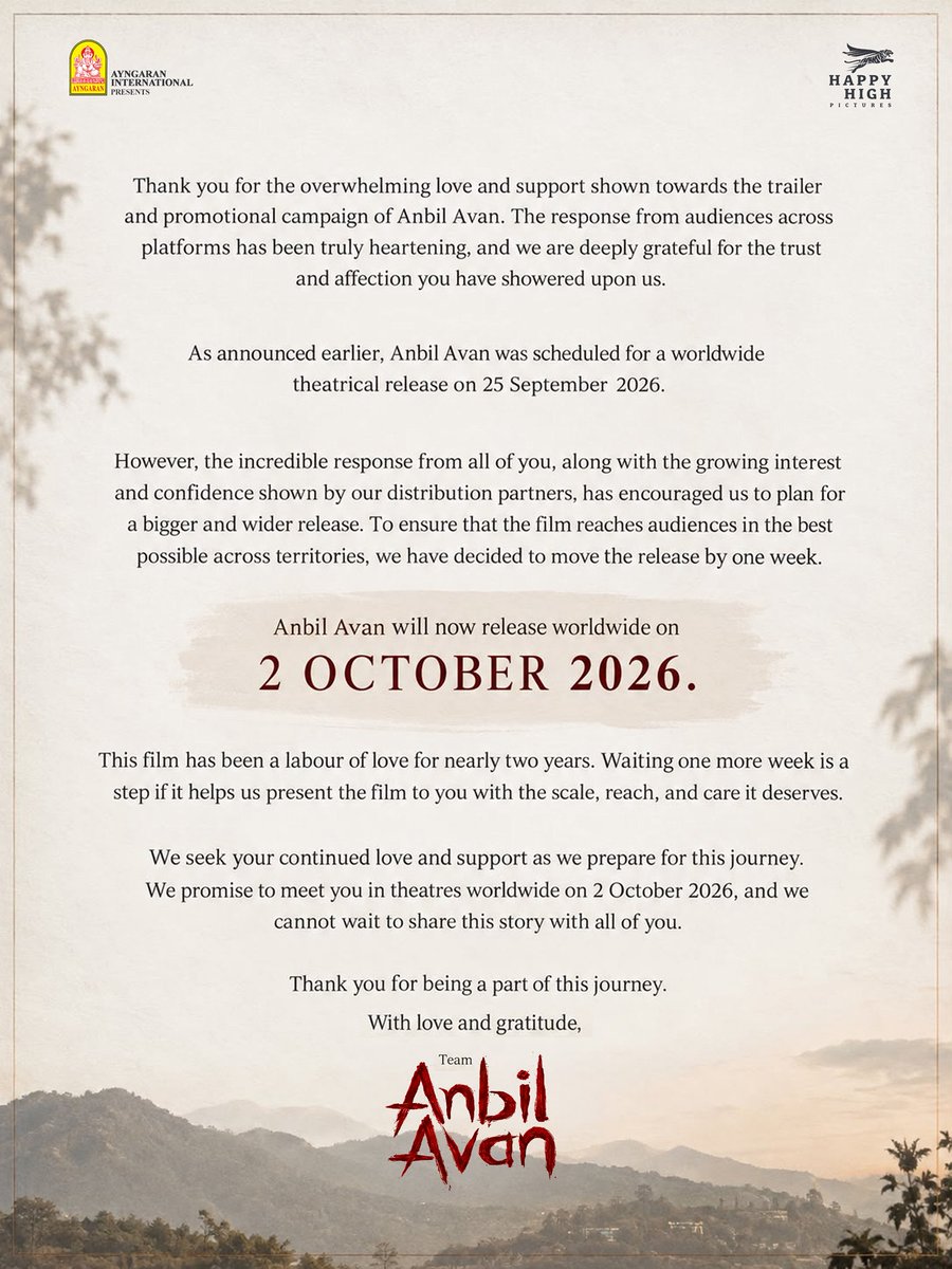 AshokSelvan's tweet photo. For a wider release and for the love for the film we have made :)
See you in theatres #AnbilAvan on October 2nd.
Trailer ▶️ https://t.co/F95bnAxi2s https://t.co/lQGTIZynA2