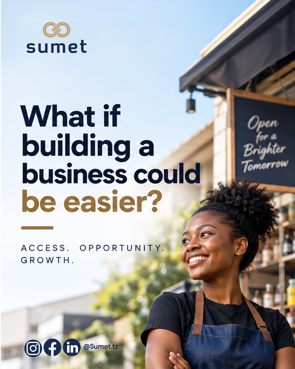 Sumet_tech's tweet photo. Great businesses grow when they have the right access.
We’re building opportunities that help businesses access more, reach more, and grow more.
Access. Opportunity. Growth.
#Sumet #BusinessGrowth #BusinessOpportunity #EntrepreneurshipTanzania #TanzaniaBusiness #SMEs https://t.co/VUS74ZHI8k