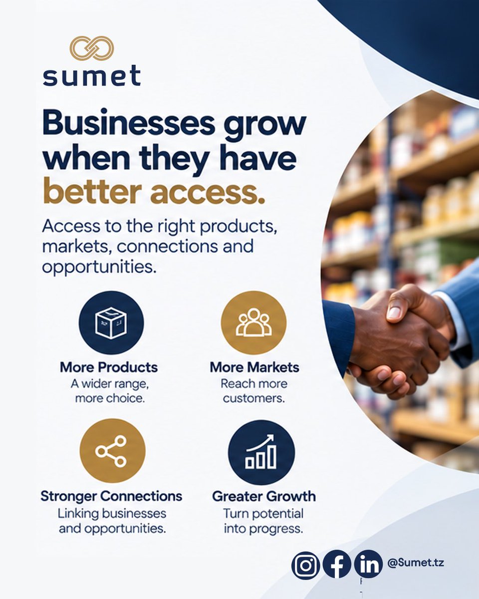 Sumet_tech's tweet photo. Great businesses grow when they have the right access.
We’re building opportunities that help businesses access more, reach more, and grow more.
Access. Opportunity. Growth.
#Sumet #BusinessGrowth #BusinessOpportunity #EntrepreneurshipTanzania #TanzaniaBusiness #SMEs https://t.co/VUS74ZHI8k