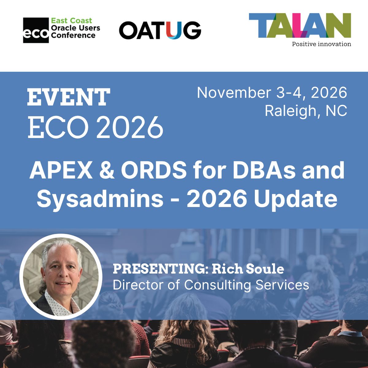 TalanOracleTech's tweet photo. "Can you set up APEX for me? It's easy."

Until the security and architecture questions start.

At #ECO2026, Rich Soule will break down how to securely configure APEX + ORDS and keep it supportable.

Nov. 4 | 1–2 PM | Room 9

#orclapex #ORDS https://t.co/fZkIMyoDyj