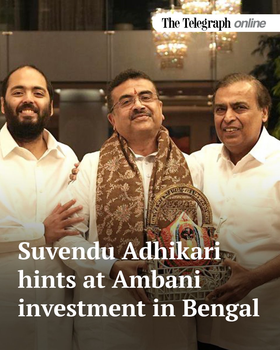 ttindia's tweet photo. Adhikari said he recently met Mukesh Ambani and Anant Ambani at their home and hinted that a development could follow, while Gautam Adani is expected at Thursday’s hospital groundbreaking in New Town

https://t.co/q8YS4rpPiT https://t.co/jKXChTLJx8