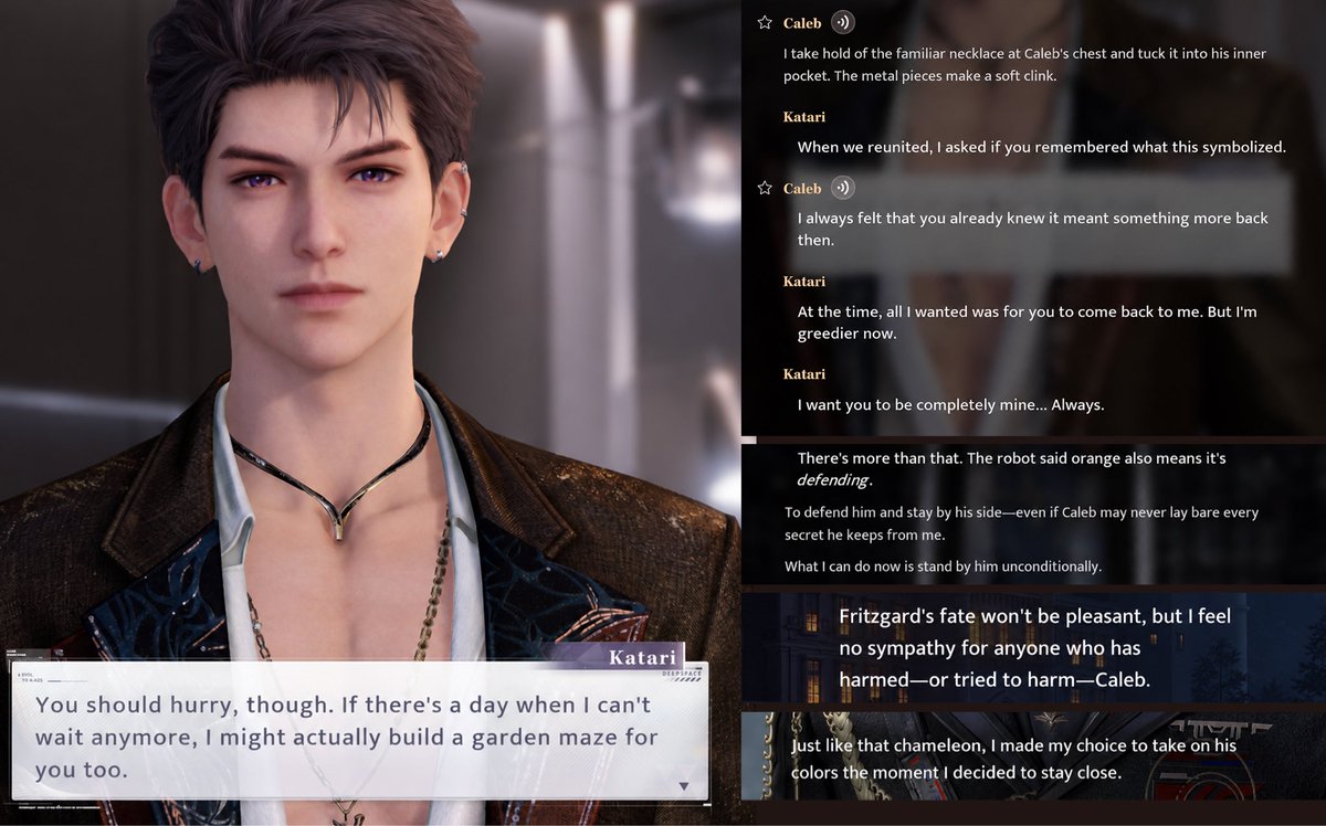 ColonelKatari's tweet photo. MC often comes across as possessive in Caleb’s cards, but here she is exceptionally open about her desire to stay with him, to always be by his side, and to become part of him.
SHE takes the initiative in absolutely everything. She chooses to kiss the gun, picks up the rifle before Caleb does, asks him to “extend the duration of my lesson,” and then tells him, “But I feel like some things are just getting started.” She places his hands on her body—Caleb does not even have to do anything. She ALREADY belongs to him because she made that choice herself.
She is even ready to build a garden maze for him: “If there’s a day when I can’t wait anymore, I might actually build a garden maze for you too.” All so that one day he can belong only to her.
She likes seeing him marked by her, and the pendant she gave him reminds us of that once again: “The more I think about it, the more I feel that the necklace I gave you is the only accessory that truly suits you.” And then she says it openly: “I want you to be completely mine… Always.”
Remember how Caleb once synced her weight data to his phone so he could keep track of her health? Now she does the same: “I synced your sleep data to my phone ages ago!” And Caleb only encourages her to control even more aspects of his life: “Why don’t you text me every day to remind me to eat, sleep, and water my plants?”
In her world, there is only Caleb. She openly admits, “I feel no sympathy for anyone who has harmed—or tried to harm—Caleb.” At the same time, she accepts every “shade” of him: “It doesn’t matter what version of you I see.” Just like the chameleon, she “made [her] choice to take on his colors the moment [she] decided to stay close.”
They mirror each other so perfectly. Their thoughts, emotions, and feelings for each other are symmetrical. They are not merely two halves... they are one whole, one single organism.

Their possessive idyll is driving me insane.