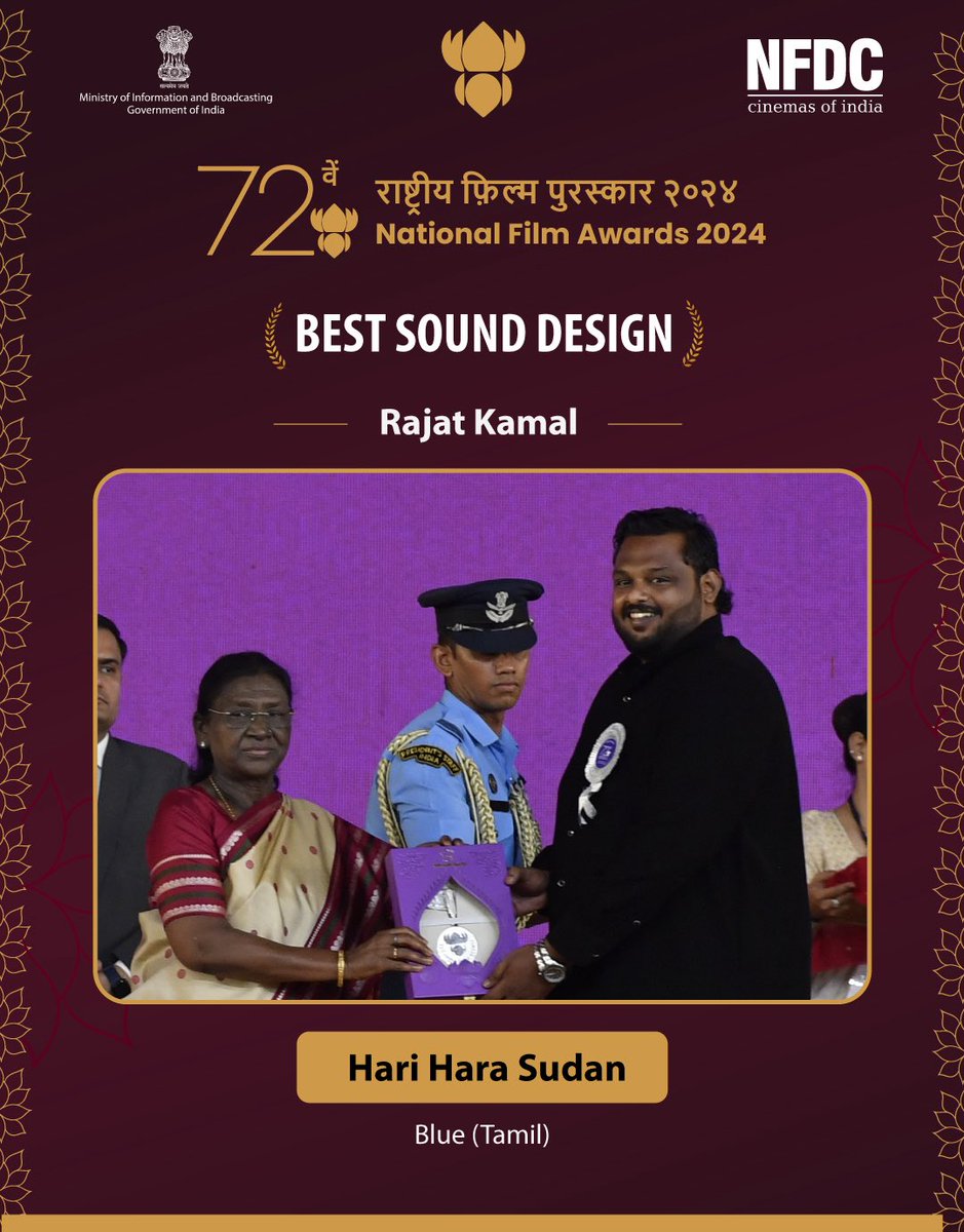 nfdcindia's tweet photo. Hari Hara Sudan receives the Best Sound Design Award for Blue. His work earns recognition for its contribution to the Tamil Non-Feature Film.
#NFDC #72ndNationalFilmAwards #BestSoundDesign #Blue #TamilCinema https://t.co/lnQFUdLuq3