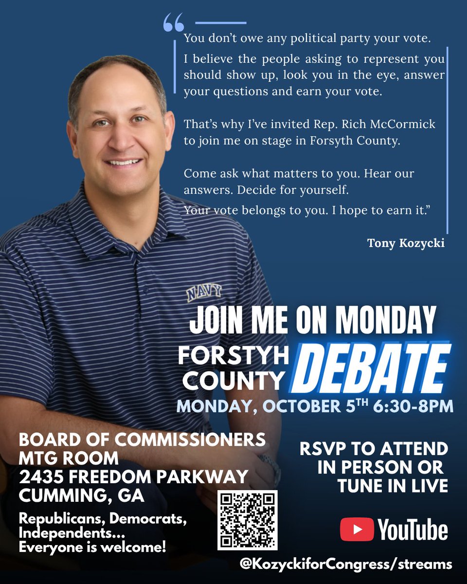 TonyKozycki's tweet photo. Thank you for coming out! That's exactly why I'm running. I love our country and I know, if we can elect people with solutions in mind as opposed to blind party devotion, better days are ahead! Our kids are counting on us to course correct. Next debate is October 5th in Cumming, GA - all are welcome to attend!