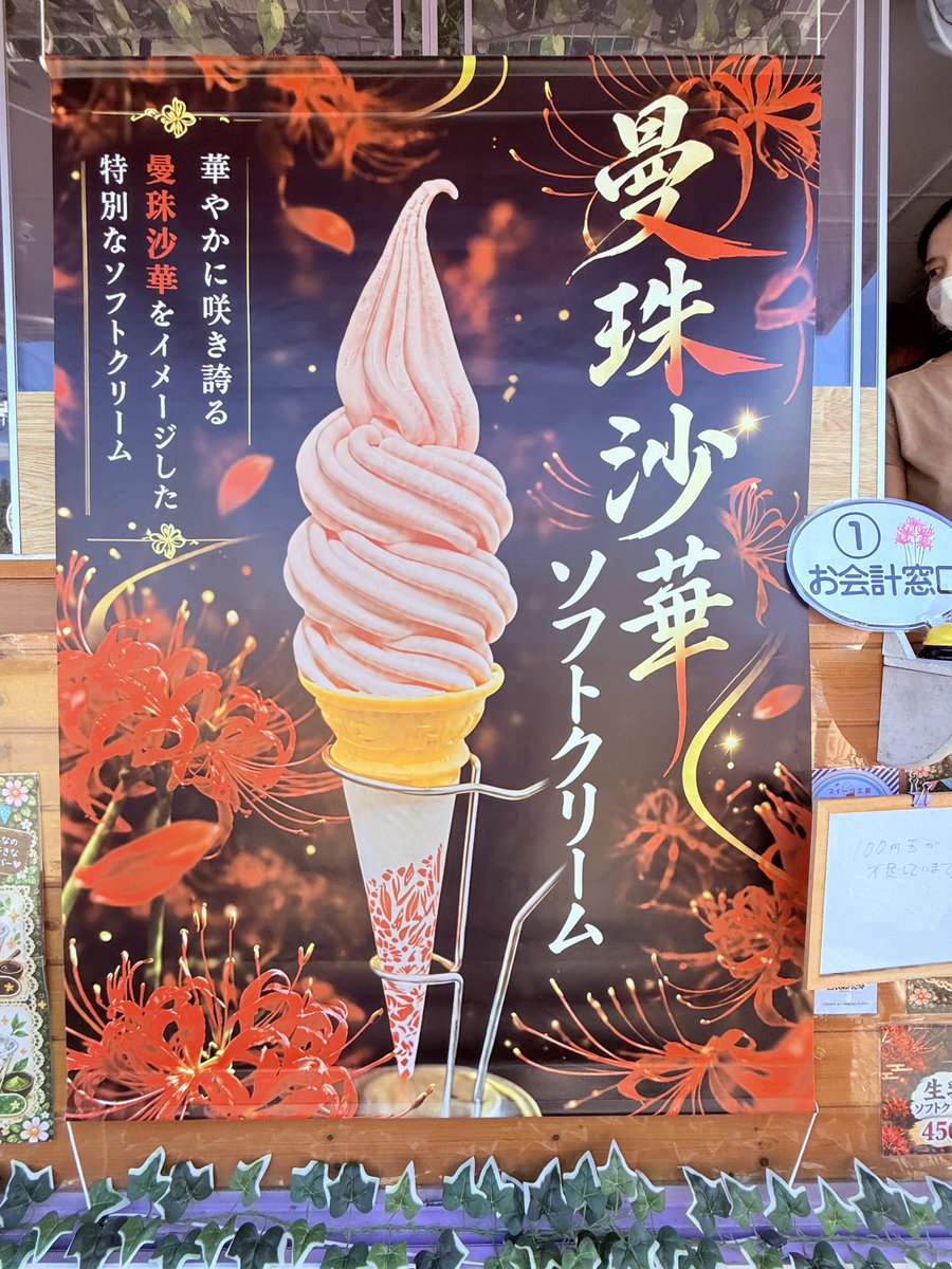 Tadaiwai's tweet photo. 2026.9.22
埼玉県日高市
【巾着田・スイーツ工房 TAMAchan】

行列ができていた人気のソフトクリーム🍦
嫁ちゃんと選んだのは、

⚫︎曼珠沙華ソフトクリーム
⚫︎栗ソフトクリーム

栗ソフトは期待どおり、栗の風味たっぷり！
これは文句なしに美味しい🌰

そして、気になる曼珠沙華ソフト。

ほのかなピンク色で、絞った姿もお花のように華やか🌺

で、何味かと聞かれると……

そもそも曼珠沙華を食べたことがないので、説明が難しい🤣

でも、普通のソフトとはどこか違う味わいで、こちらも美味しかったです！🤣w