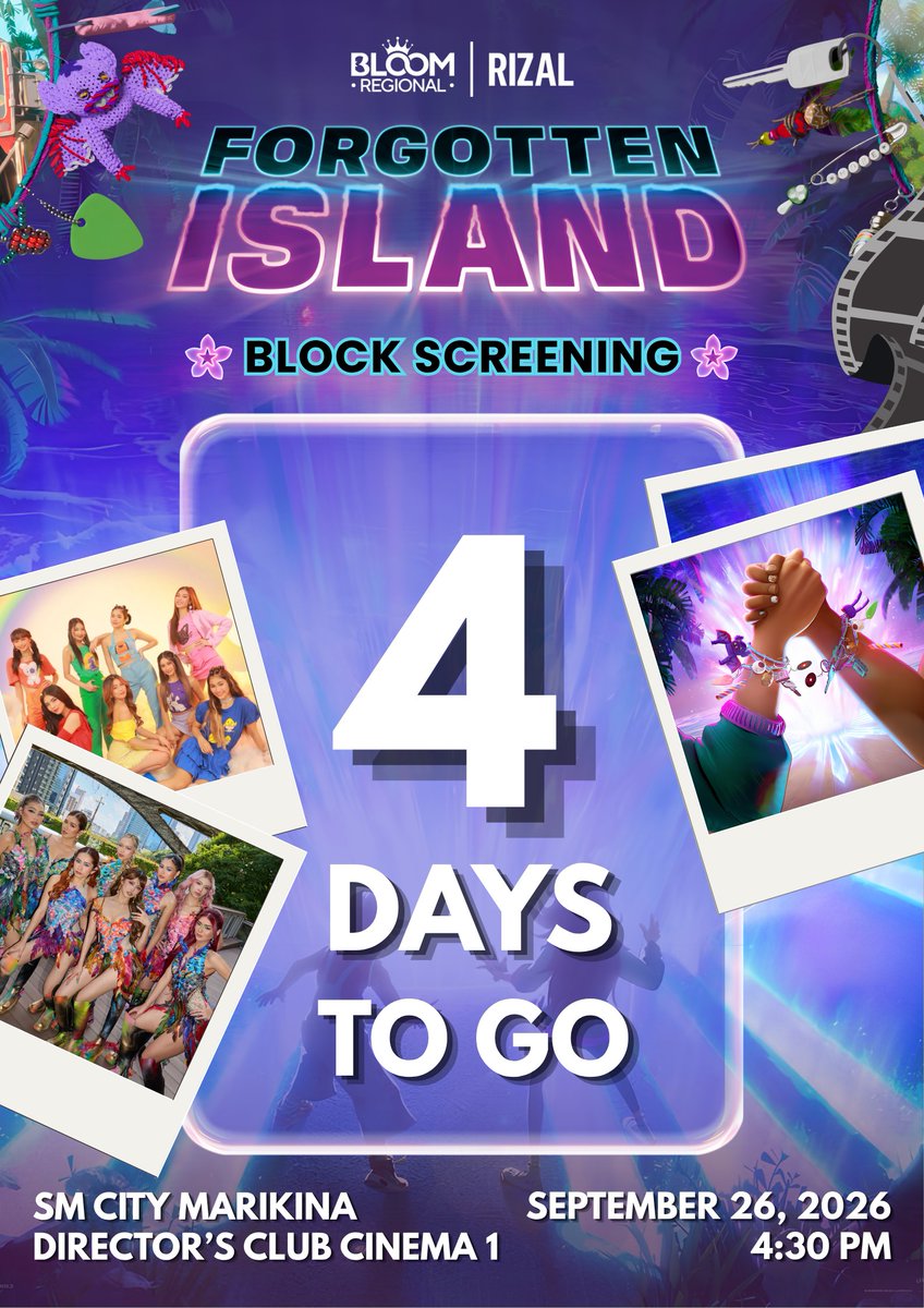TEAMBLOOM_RZL's tweet photo. Tell us, BLOOMs and Rizaleños, what are you all waiting 4? Ah, the block screening?

Don't fret, because only 4 days remain before we visit the wonderful island of Nakali!

Do not 4get to check 4 updates!

#BINIxForgottenIsland
#ForgottenIslandBlockscreening
#BINI_AParallelWorld https://t.co/Rn7rs99m6o