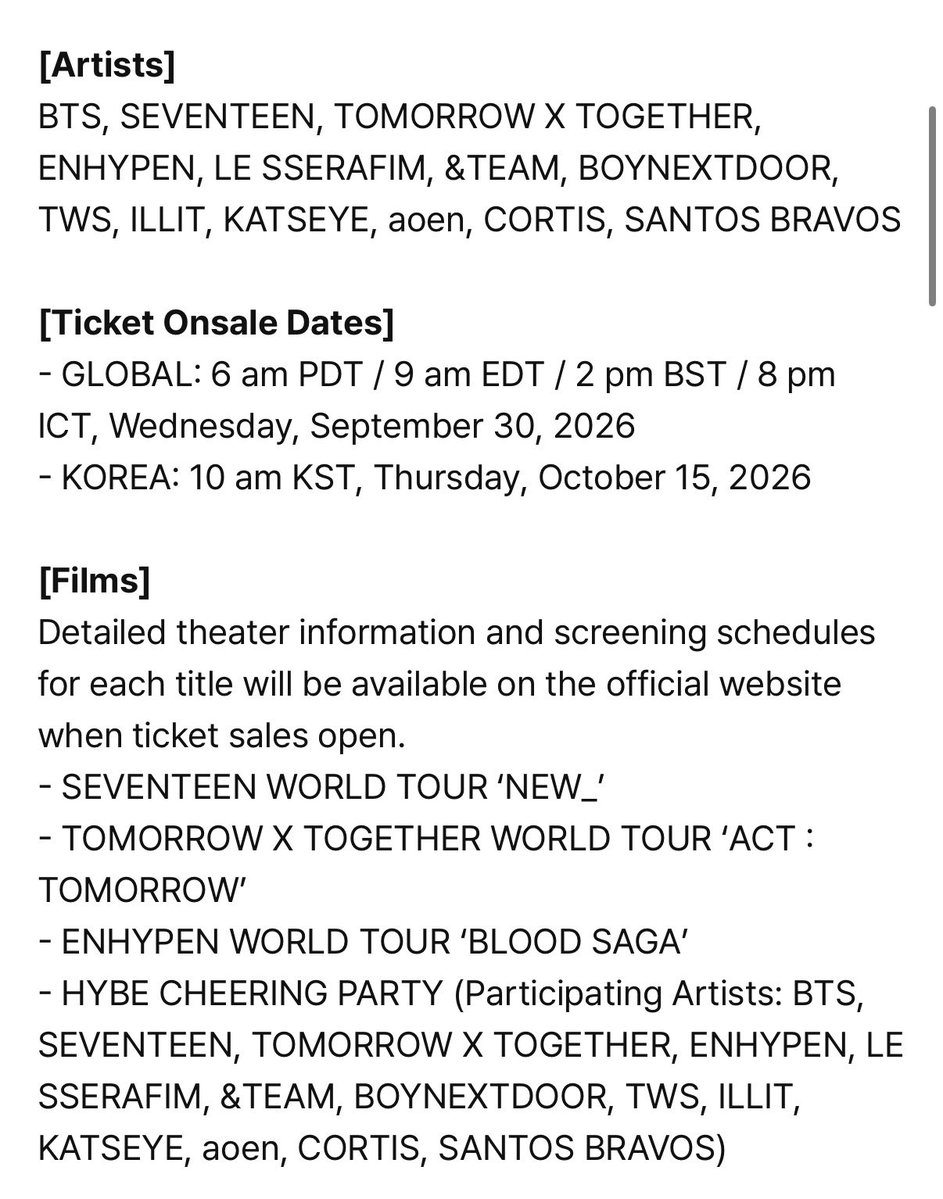 ridetosolarr's tweet photo. HYBE CINE FEST 2026 IS COMING FROM OCTOBER 24 - OCTOBER 31 EVERYONE !!! 😭👏🏻😭👏🏻😭👏🏻

THE ARTIST LIST WILL BE:
⭐️ BTS
⭐️ SEVENTEEN
⭐️ TOMORROW X TOGETHER
⭐️ ENHYPEN
⭐️ LE SSERAFIM
⭐️ &amp;TEAM
⭐️ BOYNEXTDOOR
⭐️ TWS
⭐️ ILLIT
⭐️ KATSEYE
⭐️ aoen
⭐️ CORTIS
⭐️ SANTOS BRAVOS https://t.co/J3zSeEQ1BM