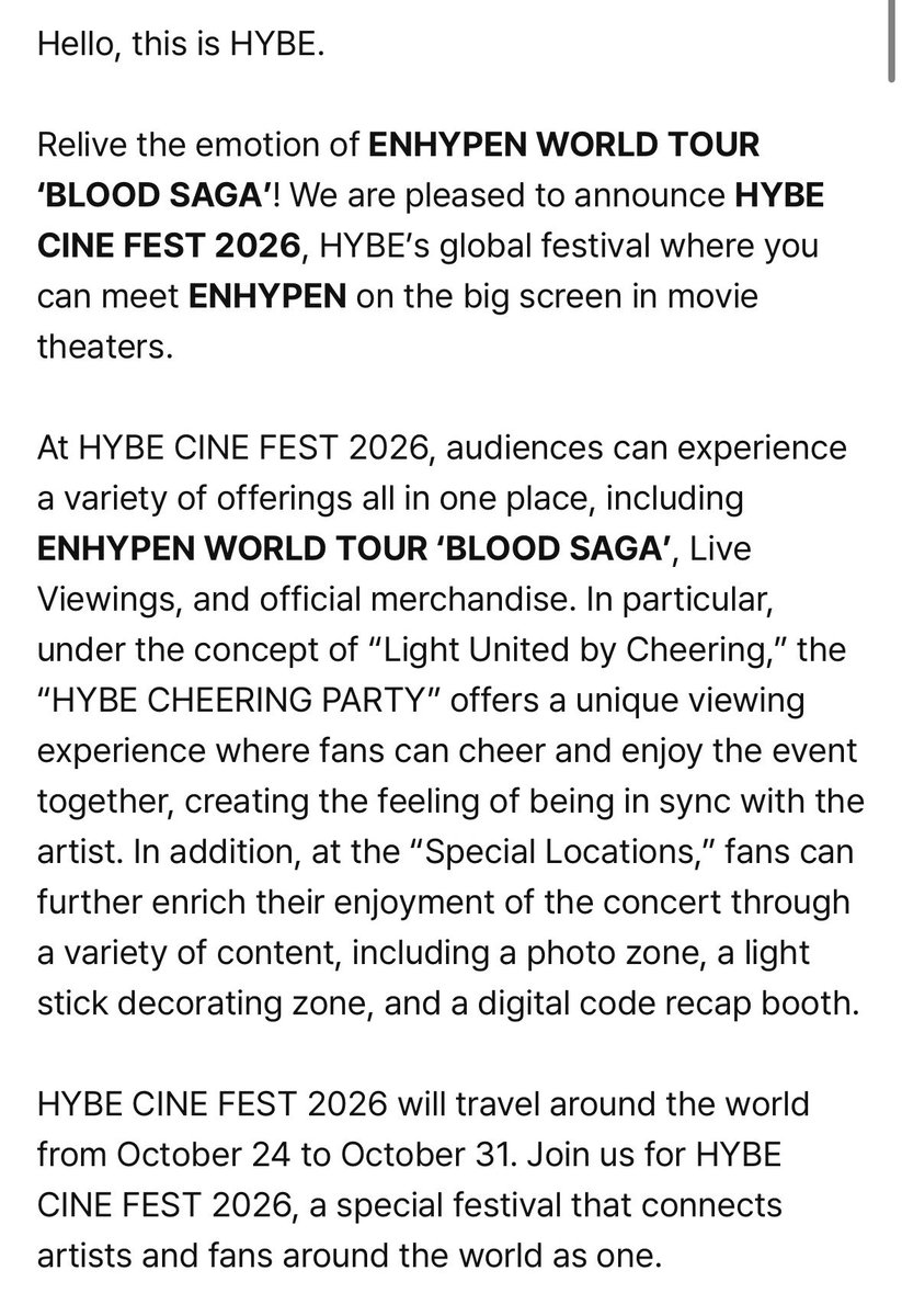 ENVANUPDATES's tweet photo. ENHYPEN’s ‘BLOOD SAGA’ is coming to the big screen! 🩸

HYBE CINE FEST 2026 will bring ENHYPEN WORLD TOUR ‘BLOOD SAGA’ to cinemas worldwide from October 24–31, giving ENGENEs the chance to relive the tour together on the big screen! 🧛‍♂️🎥

Get ready for the concert film, HYBE CHEERING PARTY, official merch, special locations and more!
