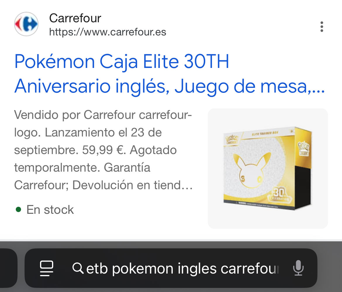 Halfmoonboyyy's tweet photo. @Joseda355 @manuschannelTCG En la web la ETB en inglés en ningún momento ha aparecido,pero si buscas ETB inglés Carrefour te aparece un link pero pulsas y te lleva a todos los productos del 30 pero no está https://t.co/6KEVg24149