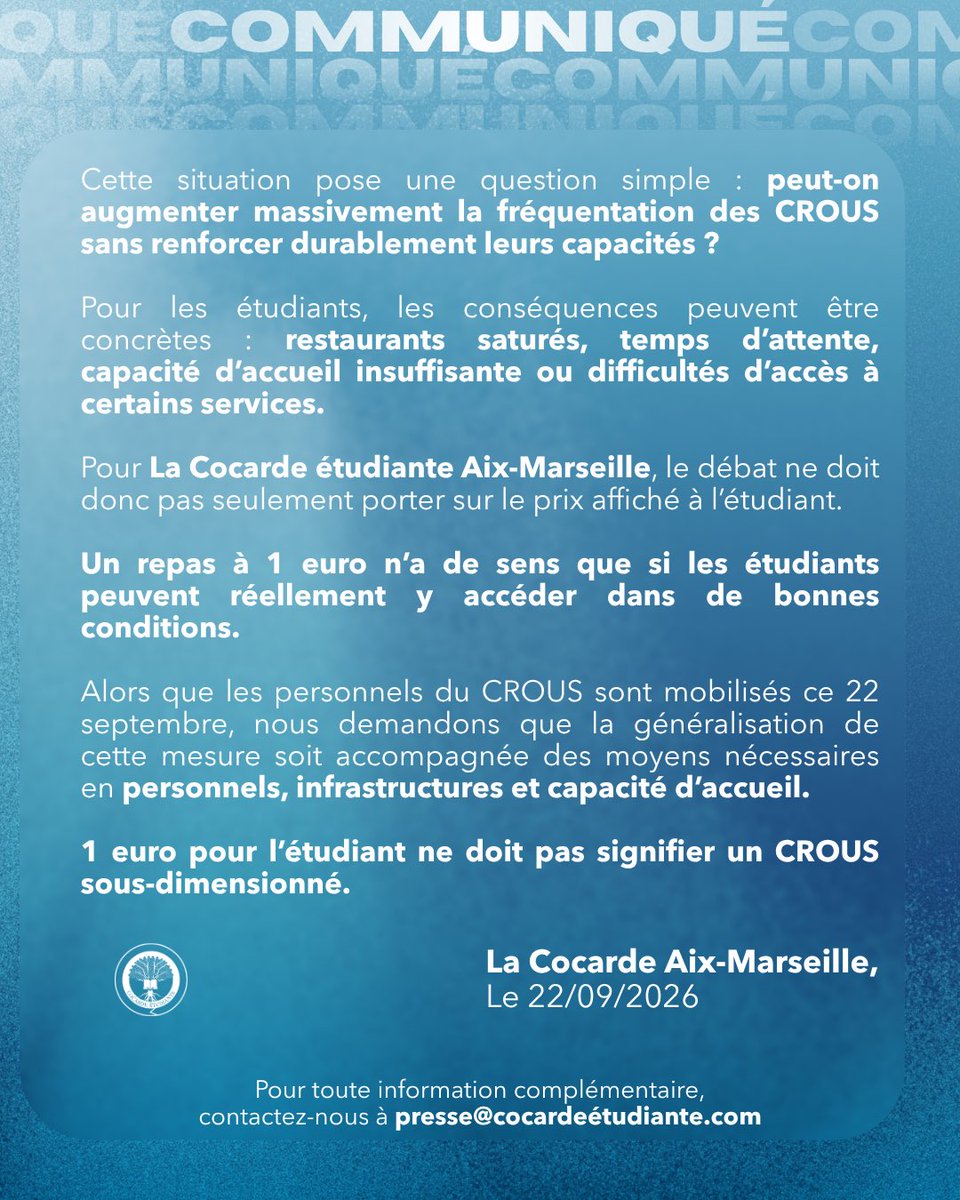 Cocarde13's tweet photo. [Communiqué]

REPAS À 1€ : À QUEL PRIX ?

La FAGE, l'UNEF et l'Union Étudiante l'ont réclamé.

Aujourd'hui, les personnels du CROUS se mobilisent.

Plus d'étudiants, mais quels moyens ?

👉🏻 Un repas à 1€ ne doit pas se payer par des CROUS saturés. https://t.co/op2tLIV1OM