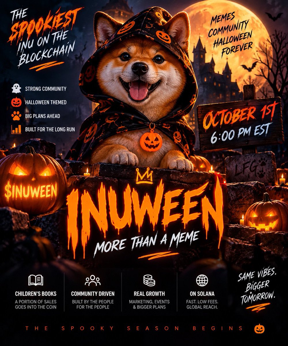Cryptorise_1's tweet photo. 🎃👻 $INUWEEN IS COMING.

A Halloween-powered Inu is getting ready to hit Solana — and this one is building an entire brand around the meme. 🐕🔥

📅 OCTOBER 1ST
⏰ 6:00 PM EST

🎃 Halloween × Inu
📚 Children’s book concept
👥 Community-driven
🚀 Bigger plans beyond launch

🔗 OFFICIAL LINKS:

🌐 https://t.co/fu2yCr3Rv1
✈️ Telegram: https://t.co/ZGxbGIoWQx
𝕏 X: @inuween

The spooky season is about to begin. 🎃

WHO’S READY FOR $INUWEEN? 👻👇

#INUWEEN #Solana #Memecoin