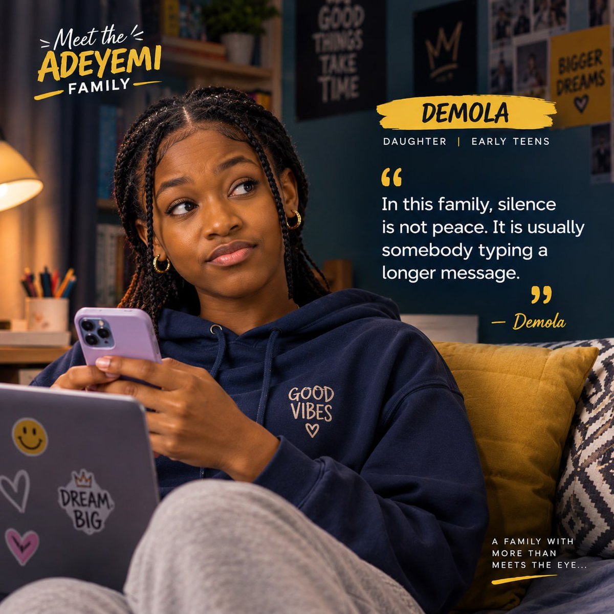ArtsInkem's tweet photo. **Meet the Adeyemis. ���🏠**

They love each other.
They annoy each other.
They keep secrets.
And they definitely have *opinions*. 😂

**Which Adeyemi sounds most like someone in your family? 👀👇**

Meet the family. Follow the story.

 #NigerianStories  #AfricanStories #StoryTime https://t.co/1uXZWeanVo