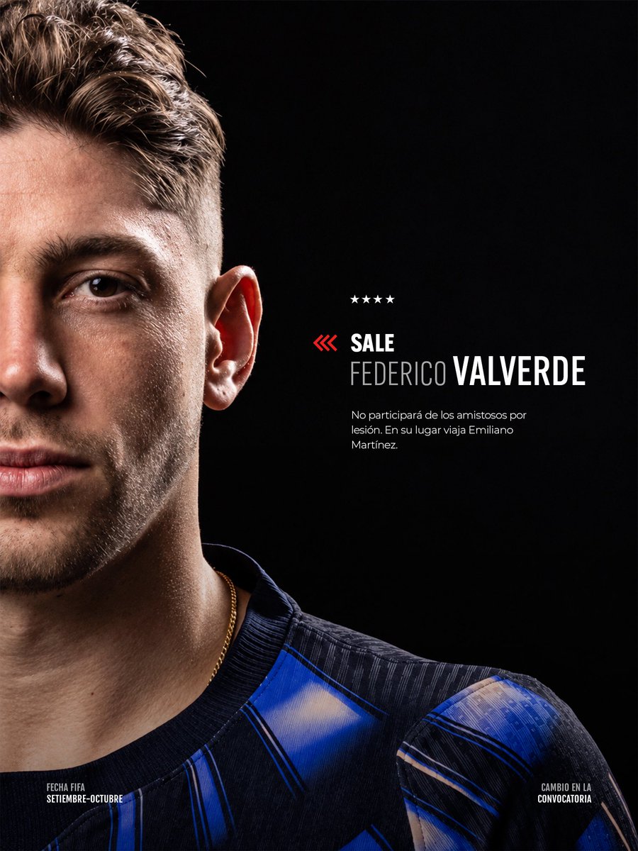 Uruguay's tweet photo. Federico Valverde es baja para esta Fecha FIFA por lesión, en su lugar fue convocado Emiliano Martínez 🔄 https://t.co/83x8JgHHue
