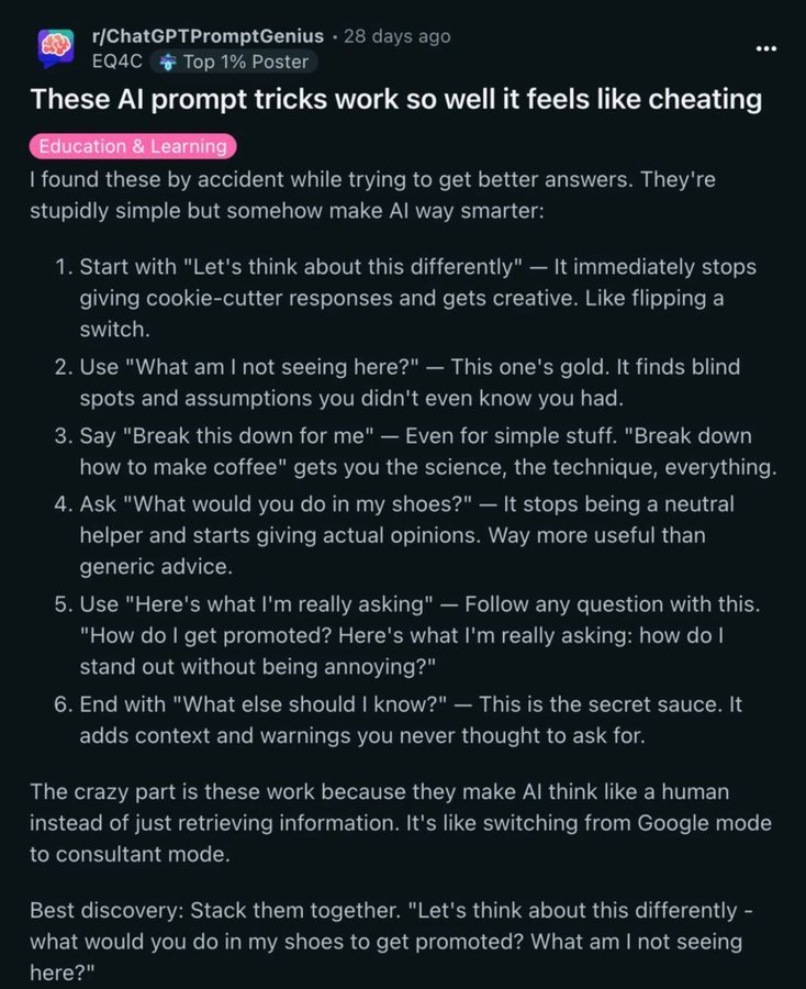 RAVIKUMARSAHU78's tweet photo. This guy just dropped 6 prompt hacks that make ChatGPT feel 20× smarter. 🤯 https://t.co/ecO0Rrtk1E