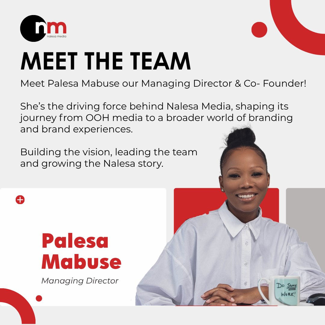 NalesaMedia's tweet photo. Meet Palesa Mabuse 👋🏾

Co-Founder, Managing Director and the driving force behind Nalesa's next chapter.

From OOH to broader brand experiences, there's more to come.

#MeetTheTeam #NalesaMedia https://t.co/a4hRkp3w6Q