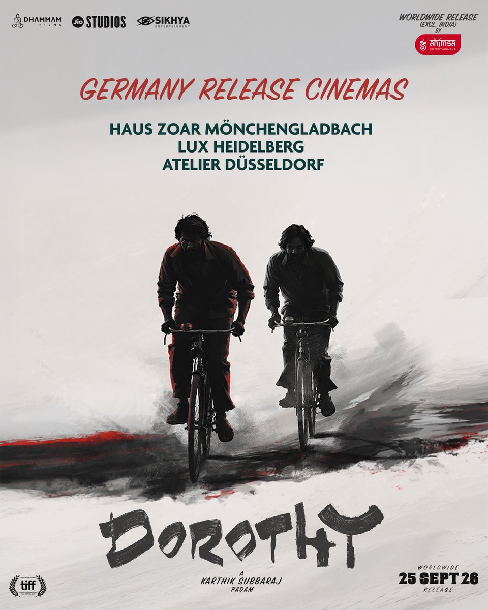 ahimsafilms's tweet photo. Germany fans, your #Dorothy bookings are now open 🇩🇪

Karthik Subbaraj's 10th film releases this Friday, Sept 25. Book now. 

@karthiksubbaraj @ilaiyaraaja @DOP_Tirru @KeerthyOfficial @Sananth__ @iam_rishikanth @guneetm @aachinjain #JyotiDeshpande @sikhyaent @jiostudios @DhammamFilms @pavsone @thecutsmaker @Kumar_gangappan @DineshAction360 @valentino_suren @alagiakoothan @PraveenRaja_Off @sherif_choreo @tuneyjohn @srini_er @bharathMuralid6 @vigneswaran93 @Jagadishbabu_ @arvindraju11 @xmahesbalu @cinemapayyan @SureshChandraa #Muruganandham #Avinash #SurajRam #Sriram #டோரதி #DorothyFromSep25 @vithurs @Zineflix