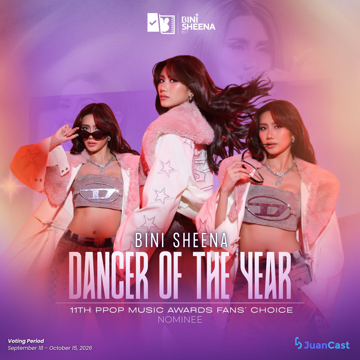 BiniSheenaBVT's tweet photo. JUANCAST 11TH PPOP MUSIC AWARDS FANS’ CHOICE: PPOP DANCER OF THE YEAR

Shinies and Blooms, it’s Sheena’s time to shine! ✨

Our very own Main Dancer Sheena is nominated for PPOP Dancer of the Year at the 11th PPOP Music Awards Fans’ Choice! 💃

From every beat to every move, Sheena continues to leave her mark on the PPOP stage. Now, let’s show her that every step she takes is matched by our love and support.🌟

🗳️ Voting Period: September 18 – October 15, 2026 (5:00 PM PHT)

🔗 VOTE HERE:
https://t.co/C6aJ8HiNGm

Para kay Sheena, tara? 💜

If you’d like to buy stars or join our Voting Bunnies GDM, just send us a message. 🐰

#BINI #BINISheena #SheenaCatacutan