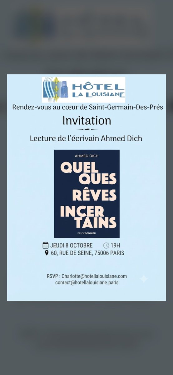 DichAhmed's tweet photo. Lecture à l'hôtel La Louisiane le jeudi 8 octobre à partir de 19h.
Entrée libre. https://t.co/awX2HzSfT2