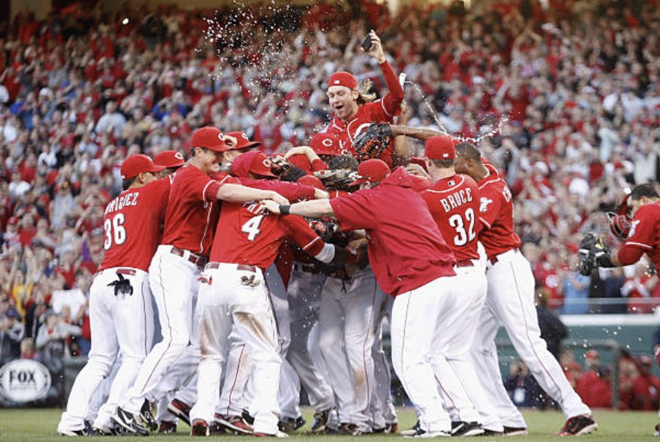 LanceMcAlister's tweet photo. On this date 2012: The #Reds  beat the Dodgers 6-0 at GABP to clinch the NL Central.

41,117 fans were on hand for the Saturday afternoon matchup.

Mat Latos fired 8 shutout innings, Aroldis Chapman finished it off.

HR: Jay Bruce (34), Brandon Phillips (18).

The Reds were 92-60 with the win, leading the division by 11 games.

A playoff series with the Giants was ahead.